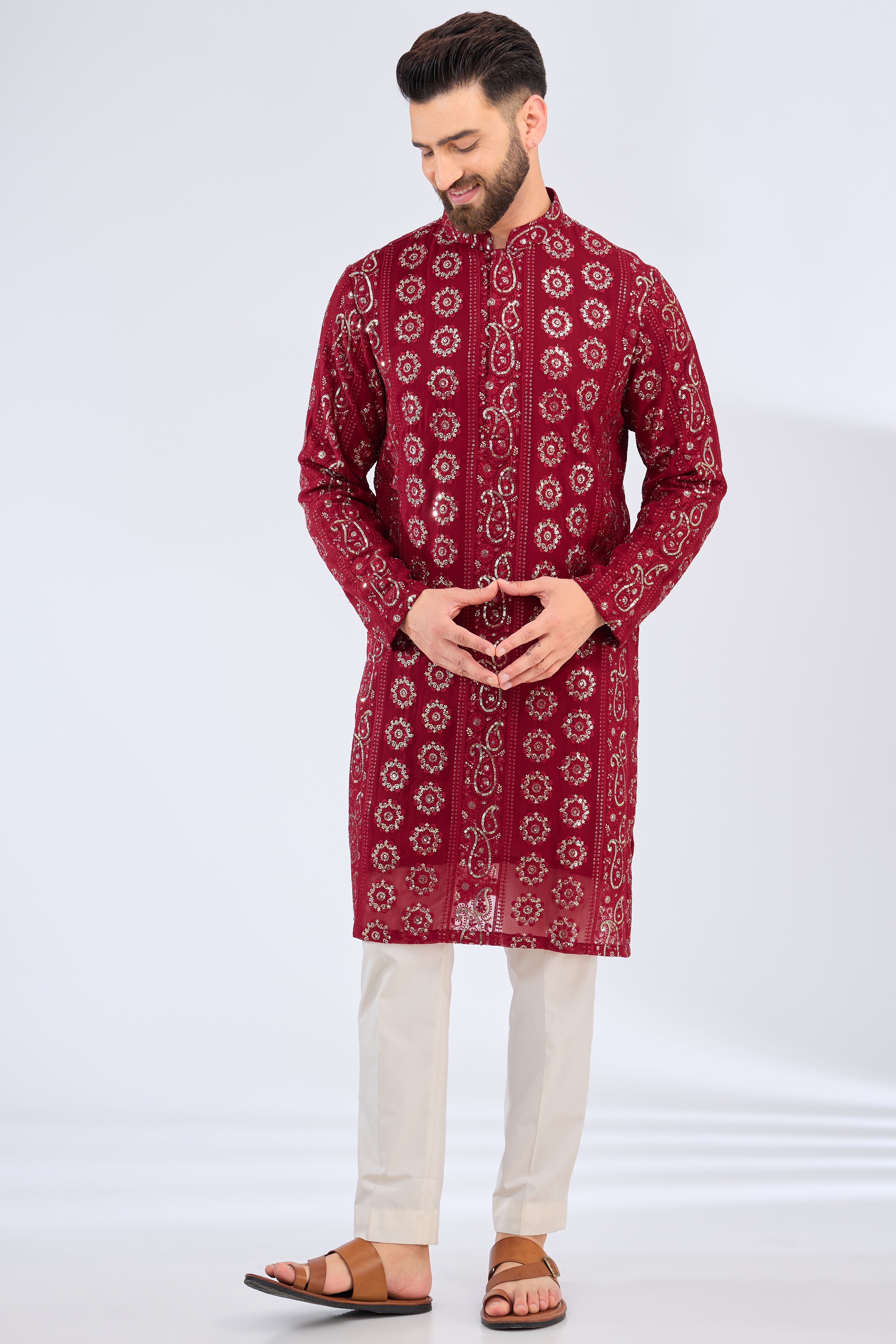 Elegant Maroon & Red Chikankari Kurta with Sequin Embellishments - Perfect for Festivals, Weddings & Ethnic Occasions