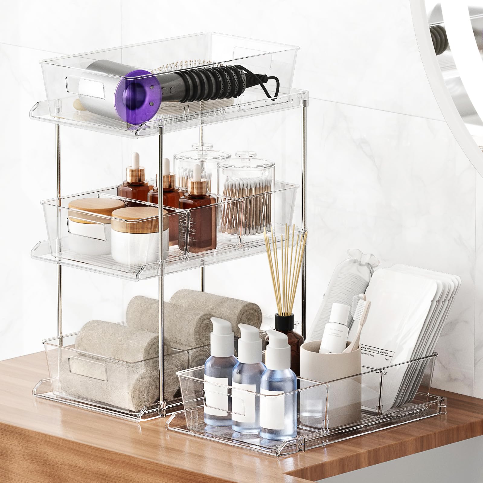 2-Tier Clear Pull-Out Bathroom Organizer with Dividers - Multipurpose Vanity Counter Tray for Kitchen, Closet & Cabinet Storage - Space Saving Pantry & Bathroom Organization Solution for Home, Office & Dorm