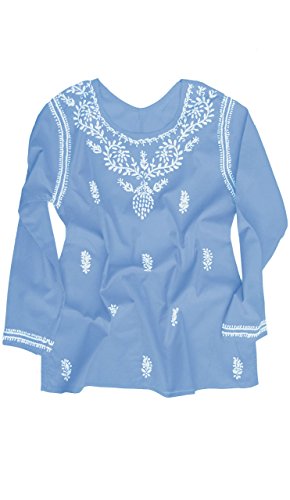 White Embroidery on Light Blue Tunic