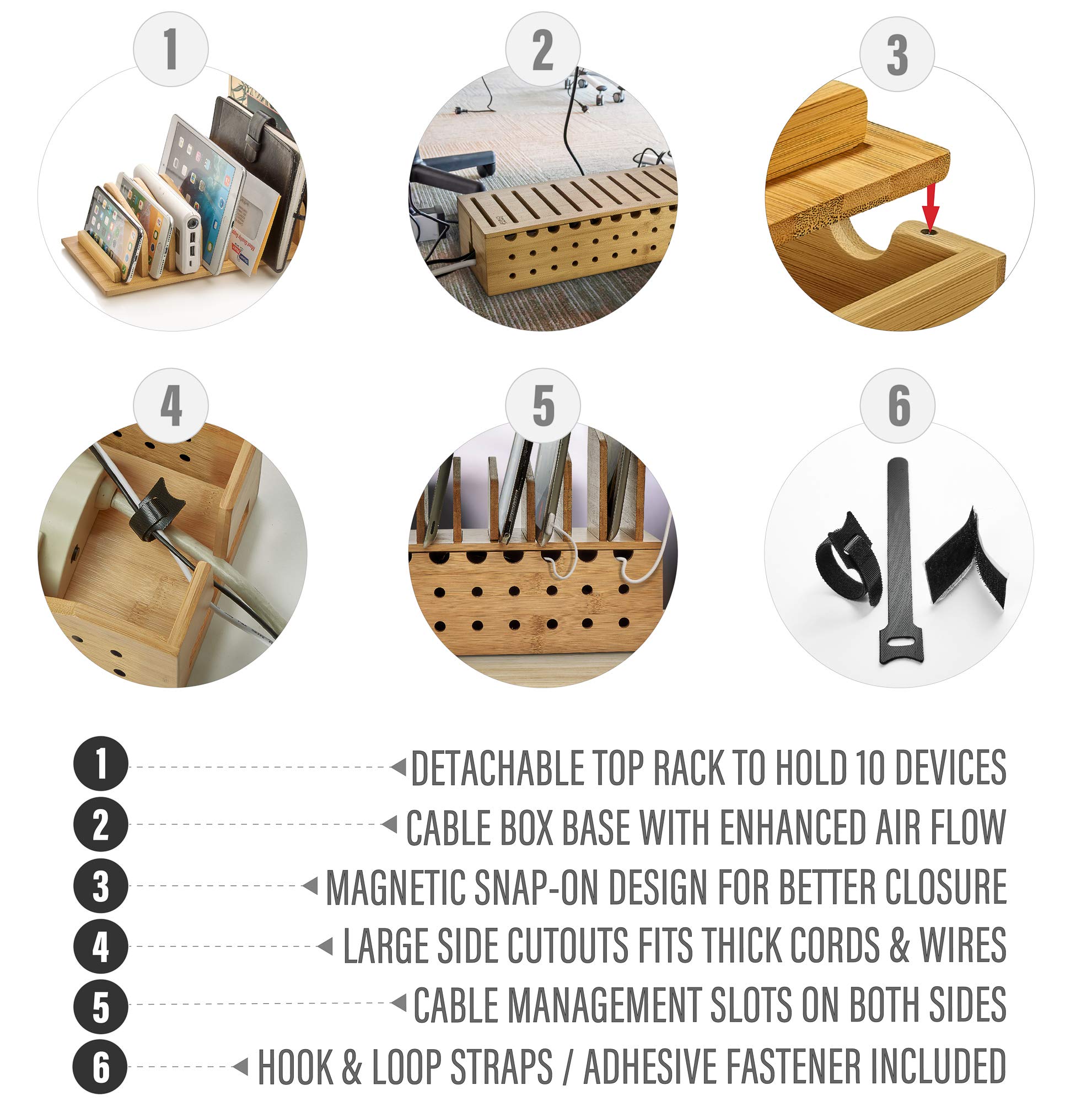 Premium Bamboo Charging Station for 10 Devices - Multi-Port USB Charger with Cable Management Box - Perfect for Home Office, Bedroom & Travel - Organize Smartphones, Tablets & Electronics