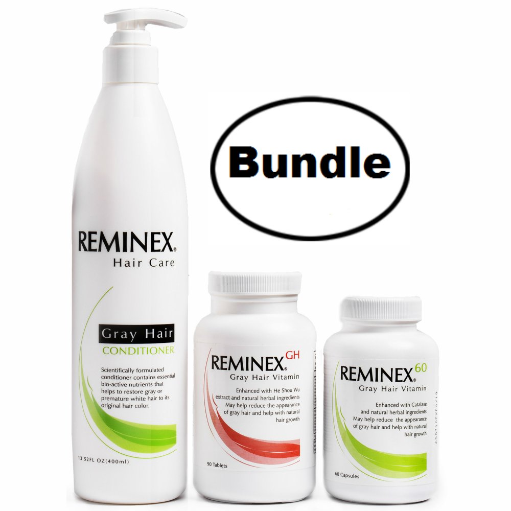 Anti Gray Hair Conditioner & Reminex GH Hair Supplement with 60 Hair Growth Vitamins – Complete Bundle for Moisturizing, Protecting & Volumizing Hair | Fight Gray Hair & Promote Growth for Men & Women