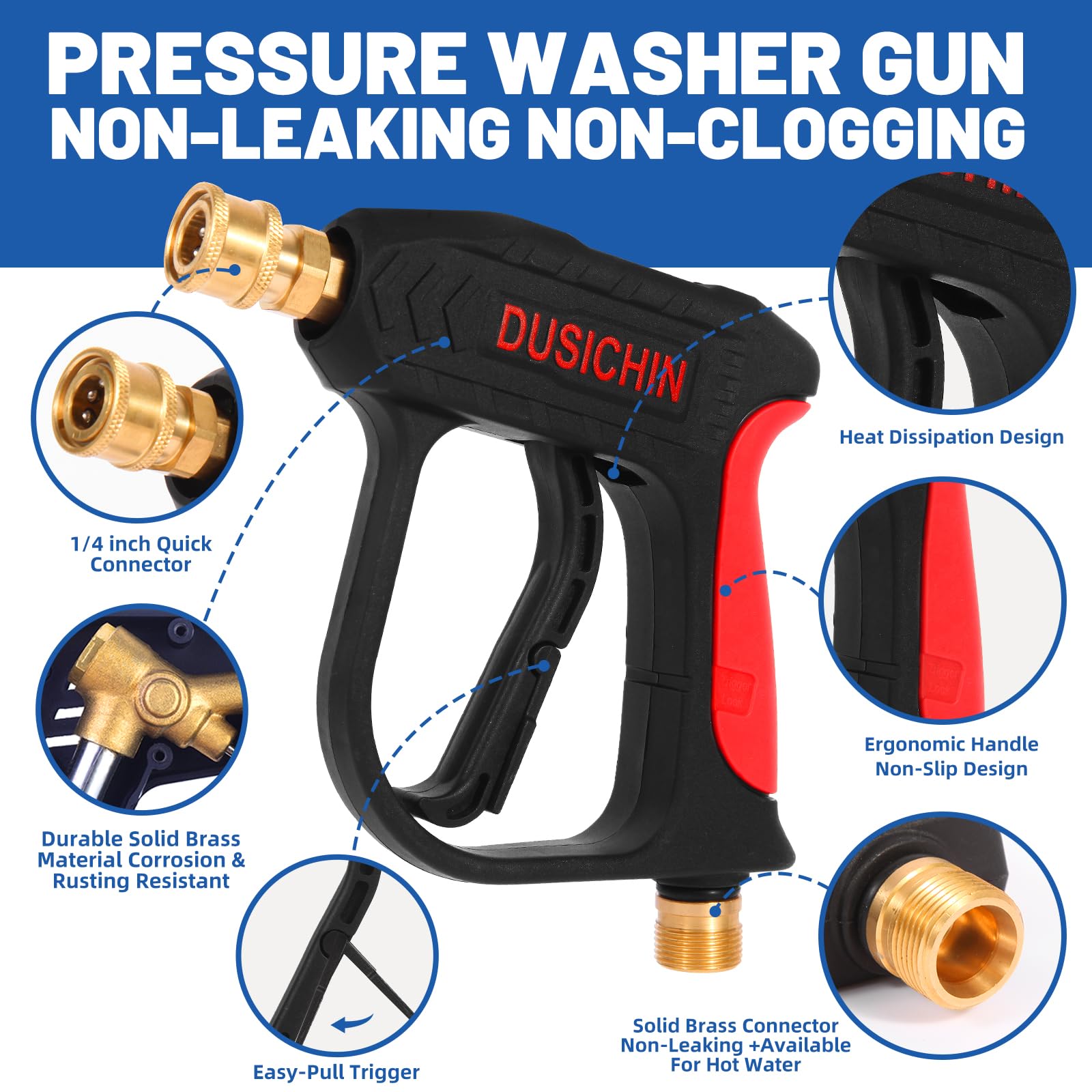 DUSICHIN DUS-220 High Pressure Washer Gun - 3000 PSI Short Wand with 5 Nozzle Tips for Car Washing, Deck Cleaning & Home Exterior Maintenance - Black Power Washer Handle