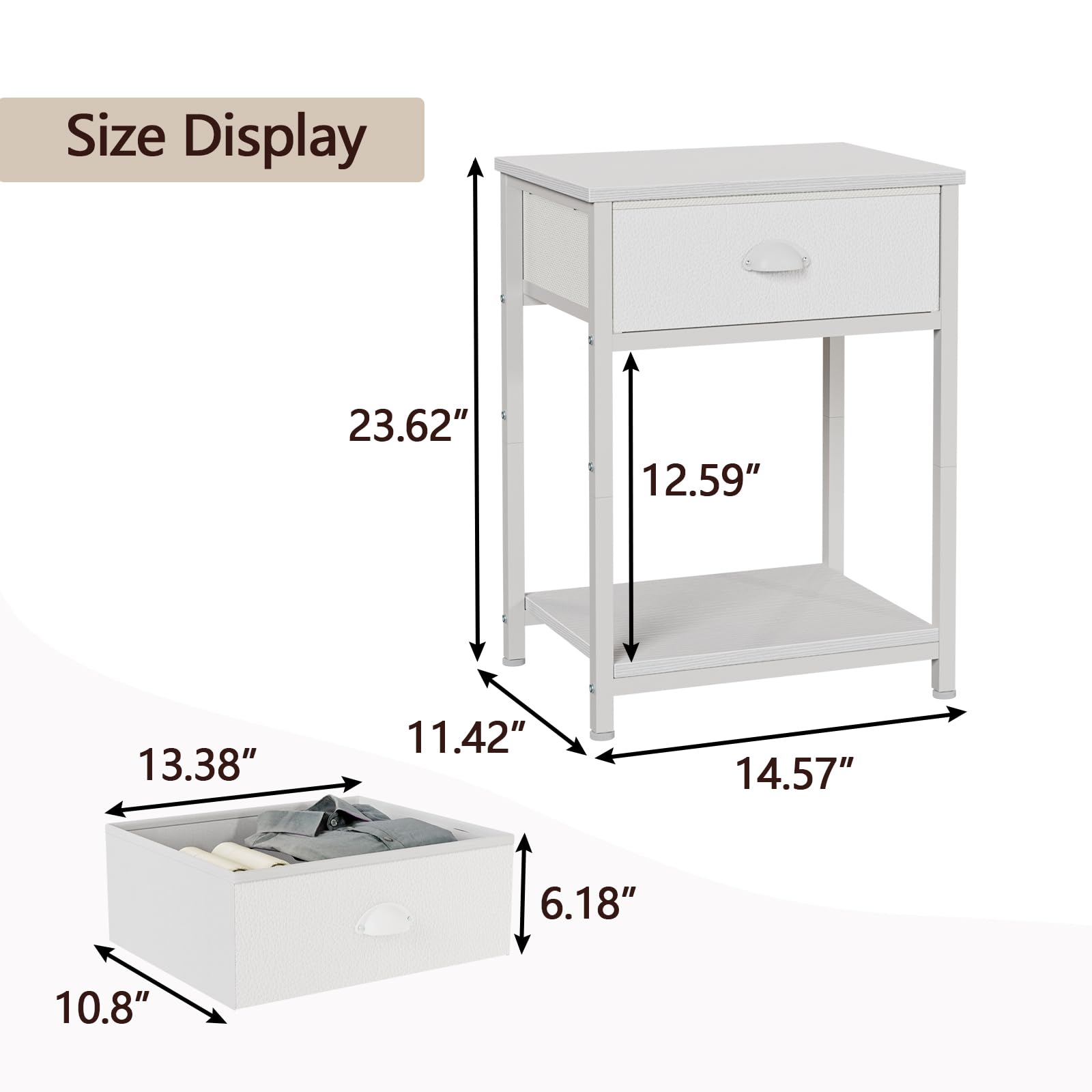 White Nightstand with Fabric Drawer - 2-Tier Small Side Table with Storage Shelves for Bedroom, Living Room, Dorm | Space-Saving End Table for Small Spaces & Apartment Decor