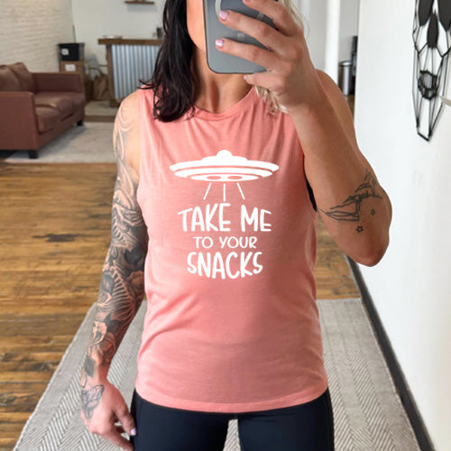 Take Me To Your Snacks Muscle Tank Top - Funny Alien Graphic Tee for Women & Men - Gym Workout & Casual Wear