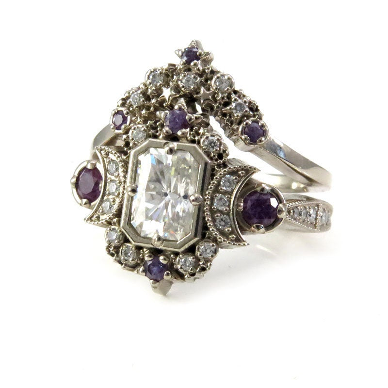 Emerald Cut Selene Moon Goddess Engagement Ring Set - 14k Palladium White Gold with Moissanite, Diamond & Chatham Alexandrite | Wedding, Proposal, Anniversary Gift for Her