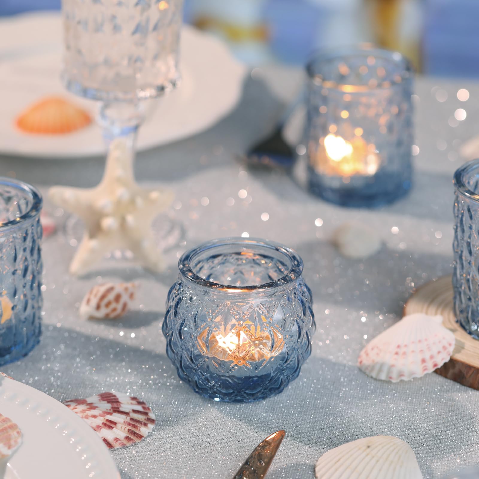 Blue Glass Votive Candle Holders Set of 24 - Bulk Round Tea Light Holders for Wedding, Home Decor, Party & Gifts | Perfect for Centerpieces, Table Settings & Romantic Ambiance