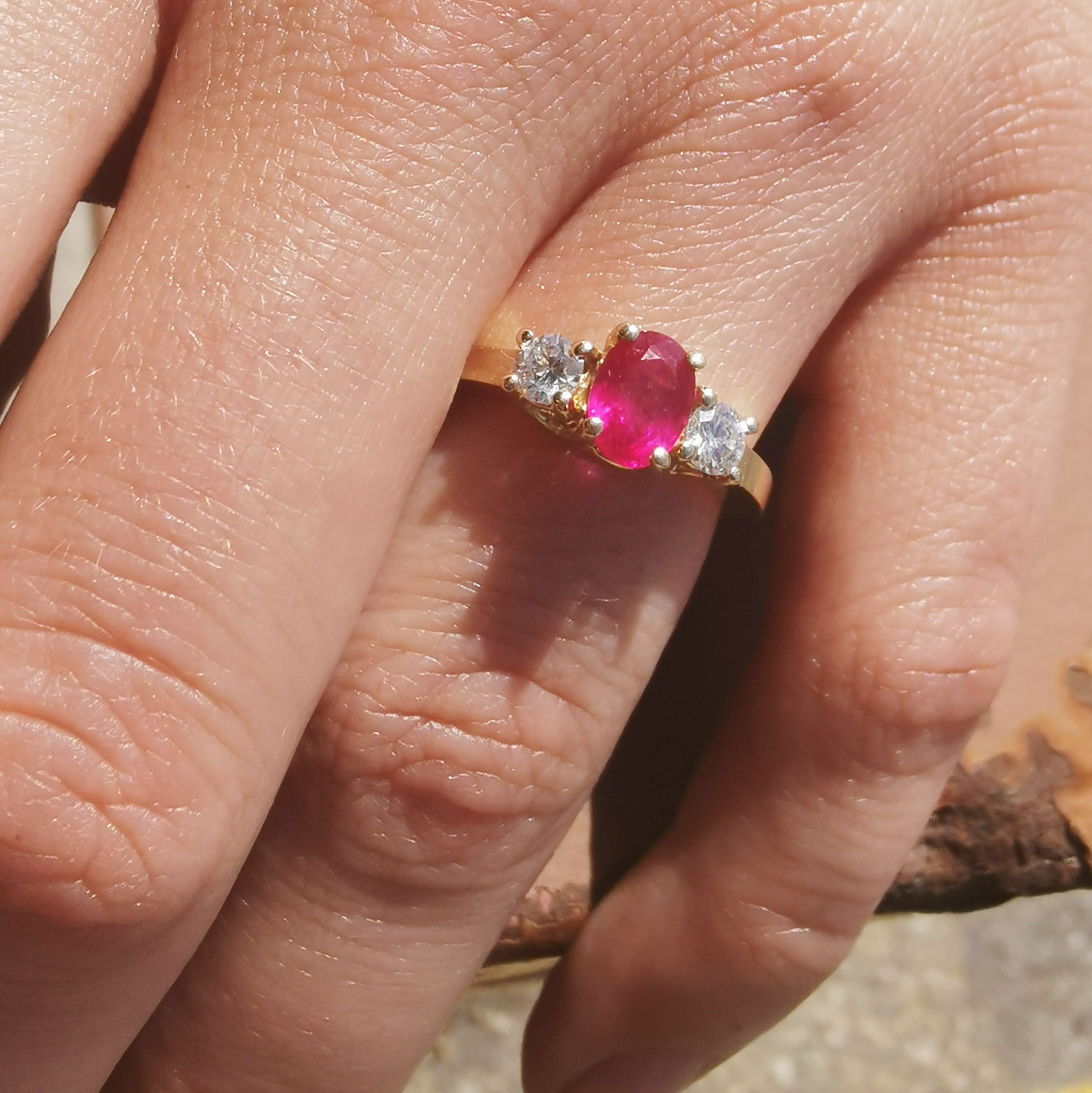 1.15ct Oval Glass Filled Ruby & Diamond Three Stone Ring - 0.36ctw Total Weight - Size 7 - Perfect for Engagement, Anniversary & Special Occasion Gifts