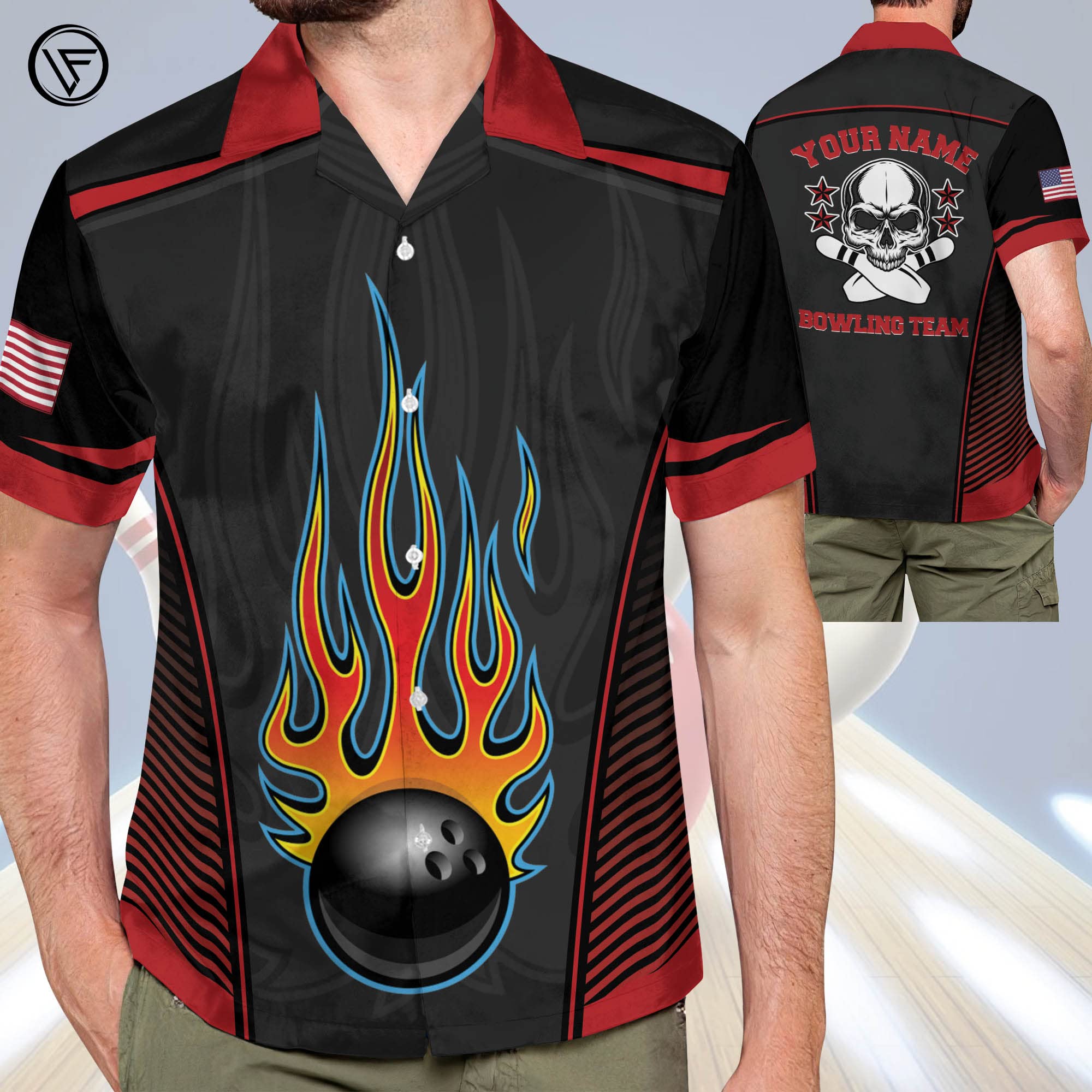 LASFOUR Men's Bowling Shirts - Short Sleeve Hawaiian Button-Down Shirts for Bowling Teams | Custom Logo & Breathable Fabric | Perfect for Bowling Leagues, Tournaments & Casual Wear
