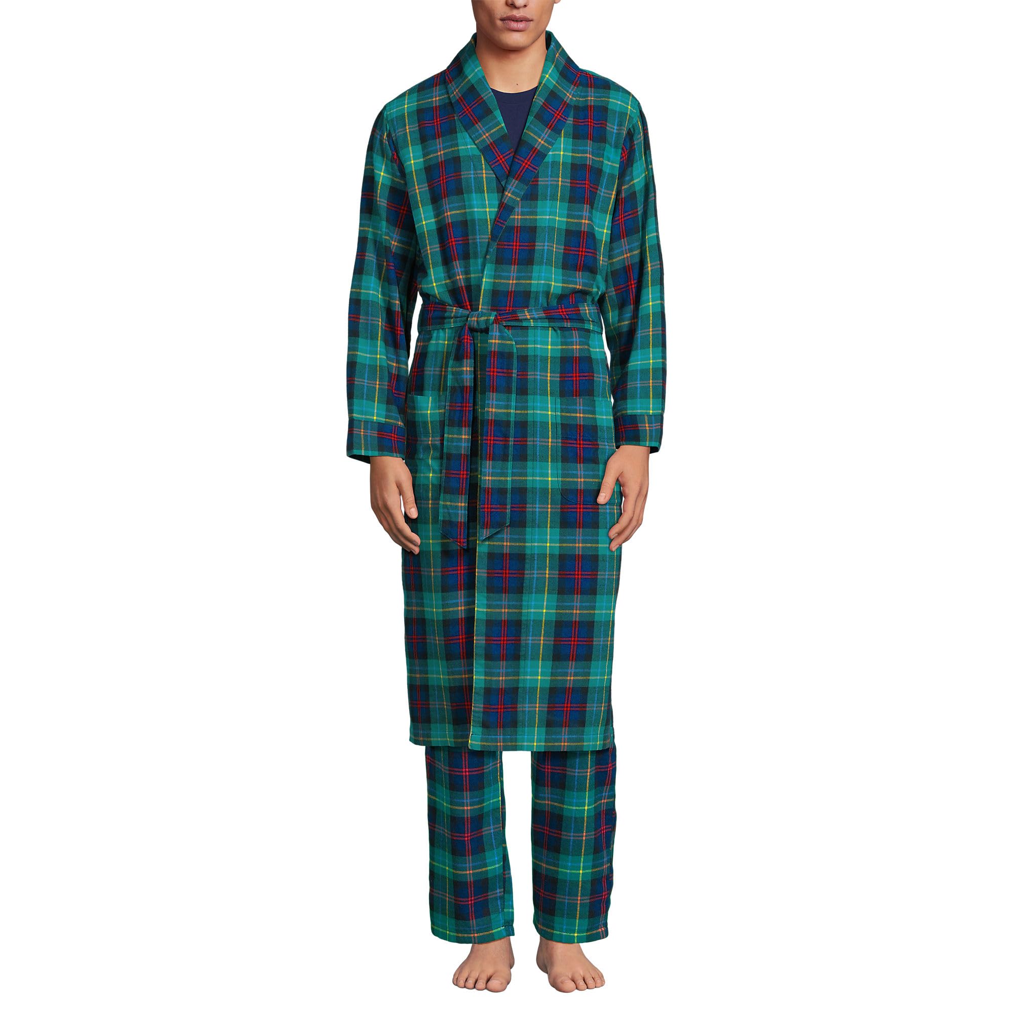 Lands' End Men's Flannel Sleepwear Robe - Soft & Cozy Plaid Bathrobe for Lounging at Home, Spa Days & Winter Comfort