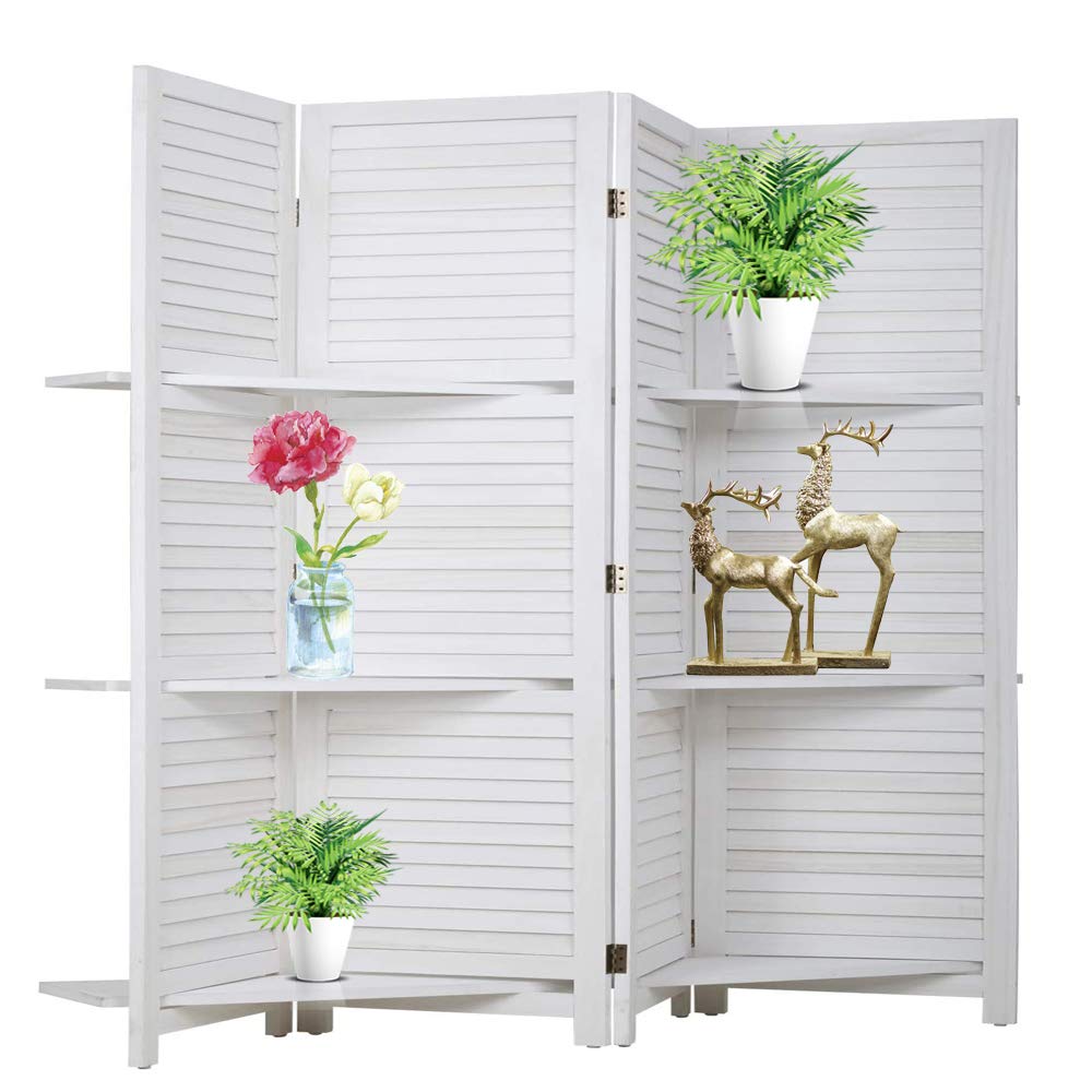 4 Panel Wooden Room Divider with 3 Shelves - Portable Folding Privacy Screen for Home Office, Restaurant & Dorm - Freestanding Partition with Stand | Space Separator for Privacy, Room Organization & Decoration