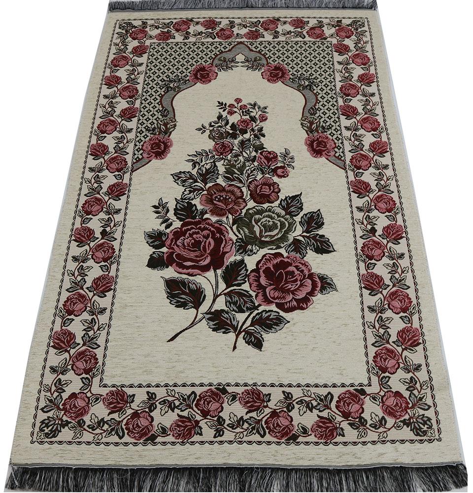 Chenille Embroidered Floral Rose Islamic Prayer Mat - Soft & Luxurious Muslim Prayer Rug for Home & Mosque - Cream #2 | Perfect for Daily Salah, Jummah Prayer & Ramadan Worship