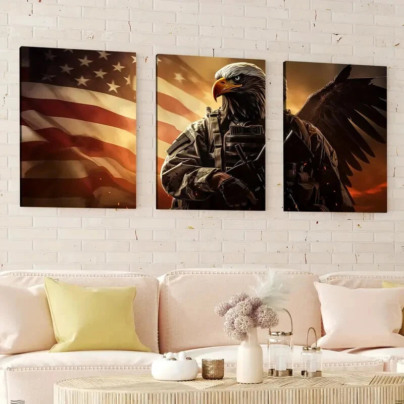 3-Piece Abstract Bald Eagle Flying with American Flag Wall Art Set - Framed Canvas 40x60cm (16x24in) - High Quality Print - 100% Australian Made - Ready to Hang - Perfect for Living Room, Office, or Patriotic Home Decor