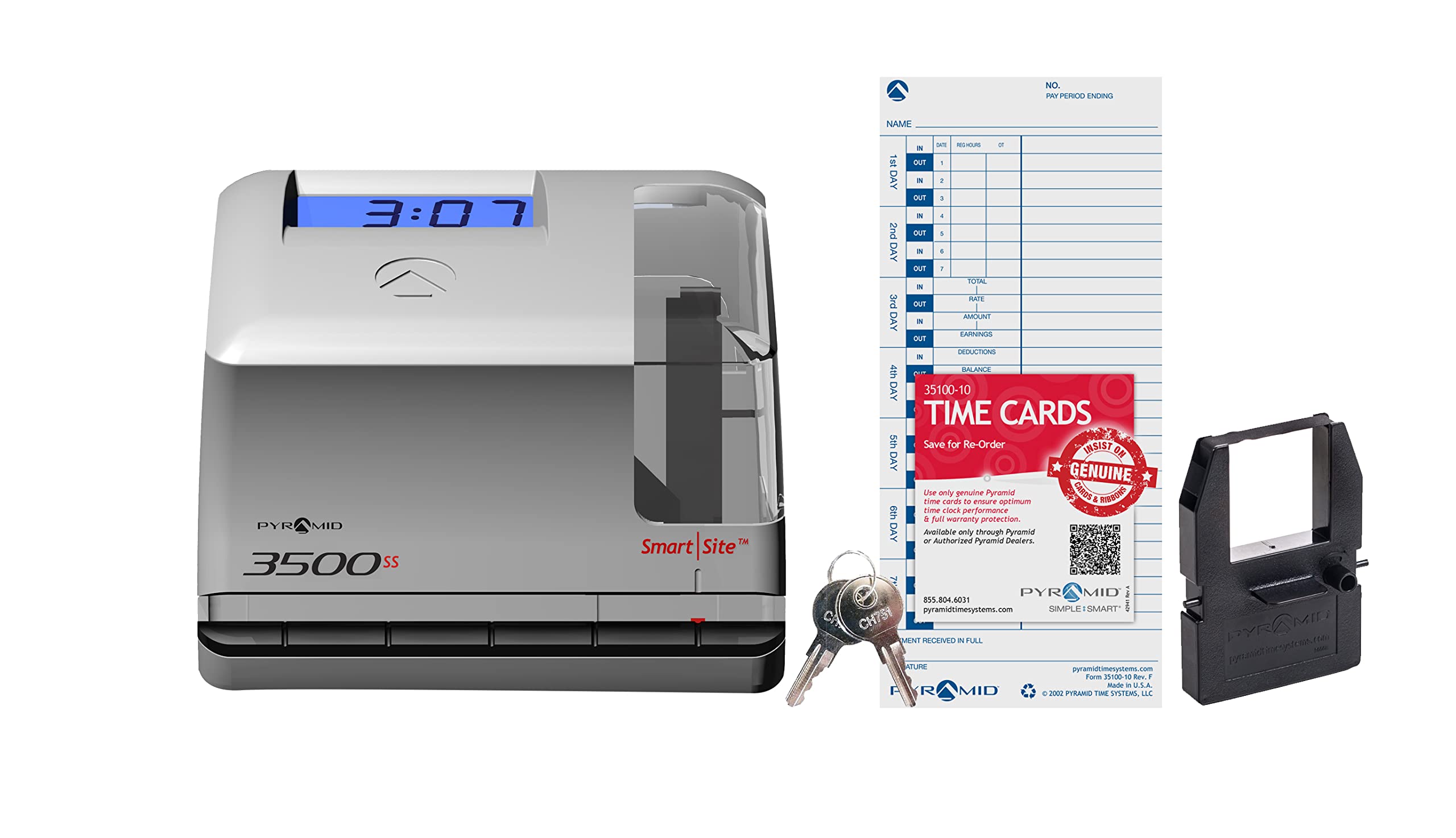 Pyramid Time Systems 3500SS Employment Time Clock & Document Stamp with Smart Site Alignment - Punch Time Clock Kit Includes 25 Time Cards, 1 Ribbon & 2 Security Keys - Perfect for Small Business Employee Time Tracking & Payroll Documentation