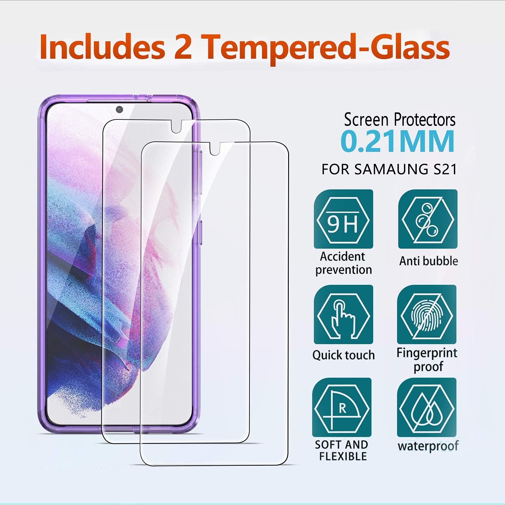 Premium Samsung Galaxy S21 Case with 2-Pack Tempered Glass Screen Protector | Military-Grade Shockproof Protection | Anti-Yellowing Hard PC Back & Flexible TPU Frame | Perfect for Outdoor Activities & Daily Use - Purple