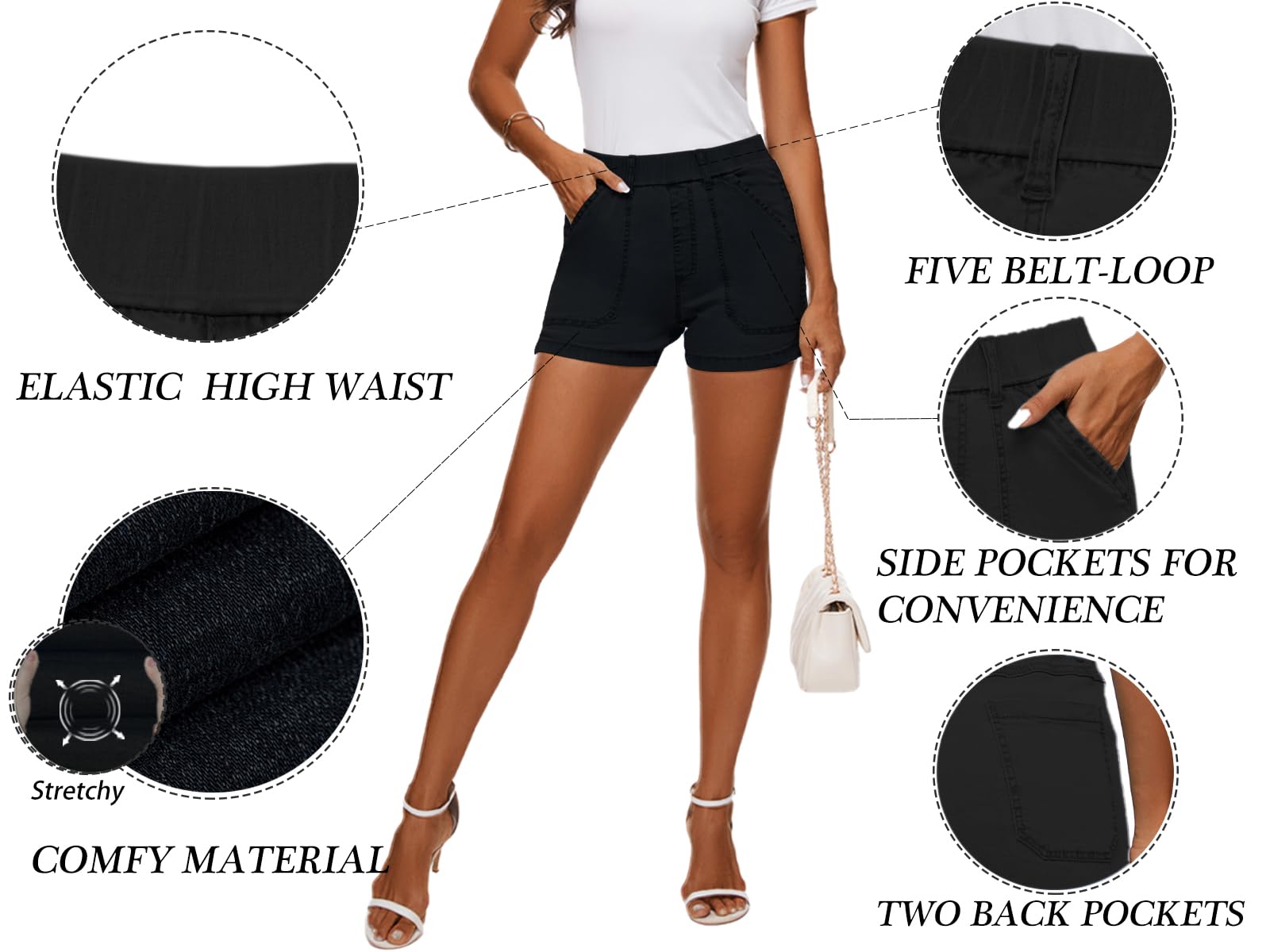 Women's High Waisted Stretchy Denim Shorts - Summer Cotton Pull-On Jean Shorts with Elastic Waist & Pockets - Casual Beachwear, Street Style, and Everyday Comfort