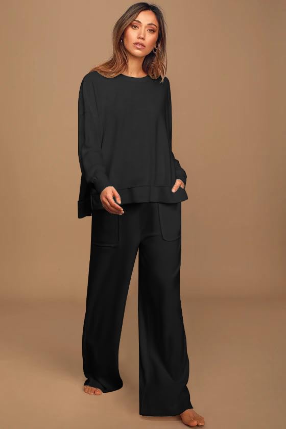 ETCYY Women's 2-Piece Lounge Set - Side Split Sweatshirt & Wide Leg Sweatpants | Soft Casual Outfit for Home, Yoga & Relaxation