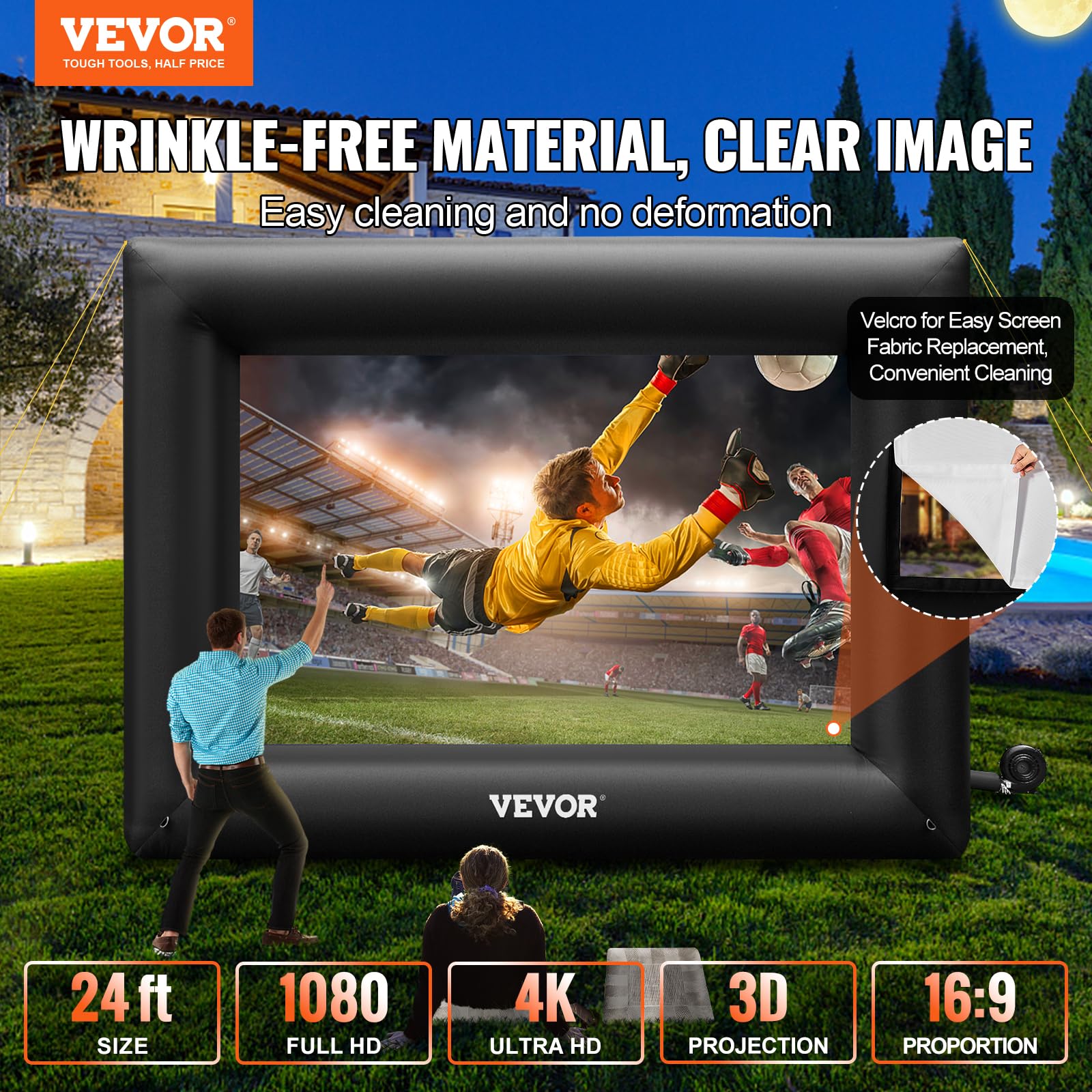 VEVOR 120-Inch Inflatable Outdoor Movie Screen with 350W Air Blower - Portable Front/Rear Projection Screen, Durable Oxford Fabric for Backyard, Camping & Drive-in Theater Night