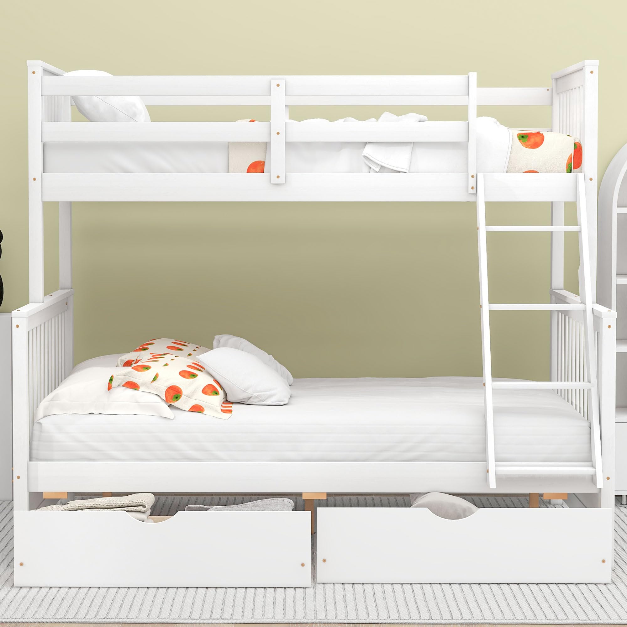 Merax Convertible Wood Bunk Bed with Ladders & Storage Drawers - Twin Over Full Size, Solid White Wood Detachable Frame | Space-Saving Kids Bedroom Furniture for Small Rooms, Guest Rooms & Vacation Homes
