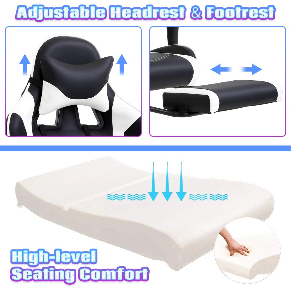Premium Ergonomic PC Gaming Chair with Lumbar Support & Massage Function - Adjustable Racing Office Chair with Headrest & Footrest for Home & Work - White - Perfect for Long Gaming Sessions & Office Work