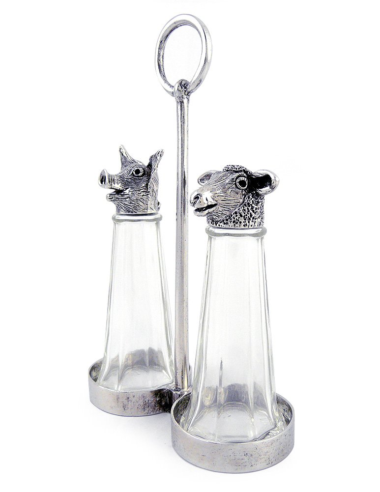 Sheep and Pig Salt & Pepper Shakers - Handcrafted Glass & American Made Pewter for Farmhouse and Rustic Kitchen Decor