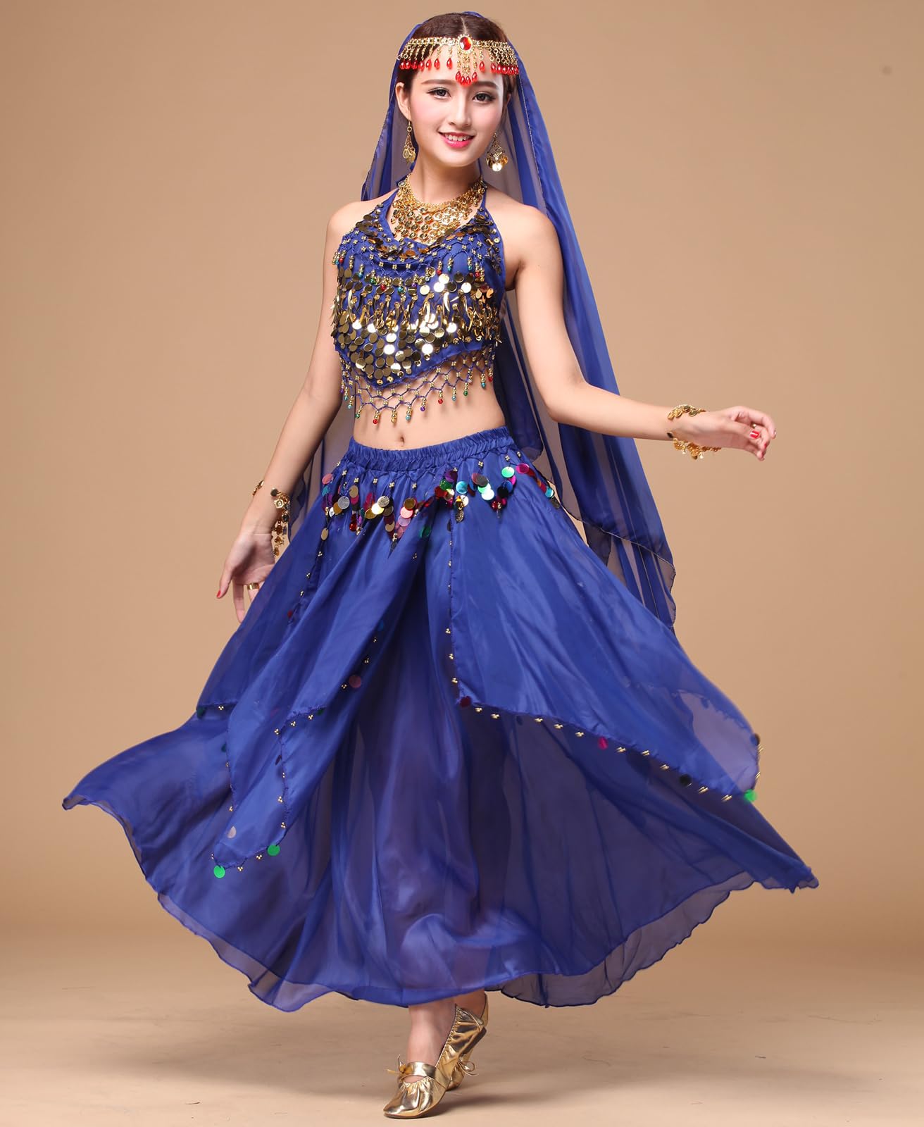 Women's Belly Dance Costume - Sparkling Sequin Crop Top with Flowy Chiffon Skirt for Halloween, Party & Performance | Perfect for Dance Shows, Cosplay & Festive Events
