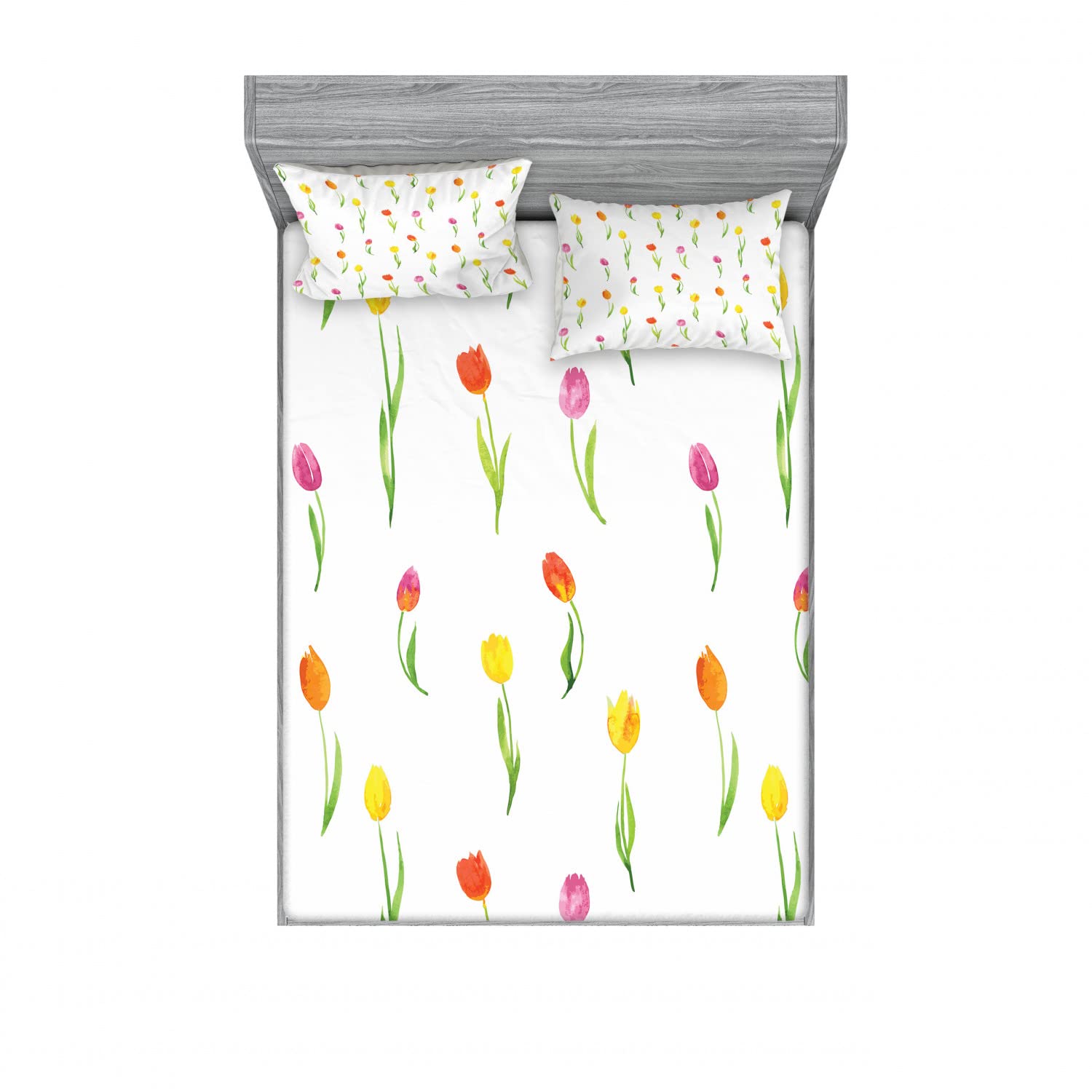 Ambesonne 2-Pack Queen Size Fitted Sheet Set with 4 Pillow Shams - Colorful Country Tulips Floral Design, 4-Piece Bedding Collection for Cozy Home Decor | Perfect for Guest Rooms, Vacation Homes & Bedroom Makeovers
