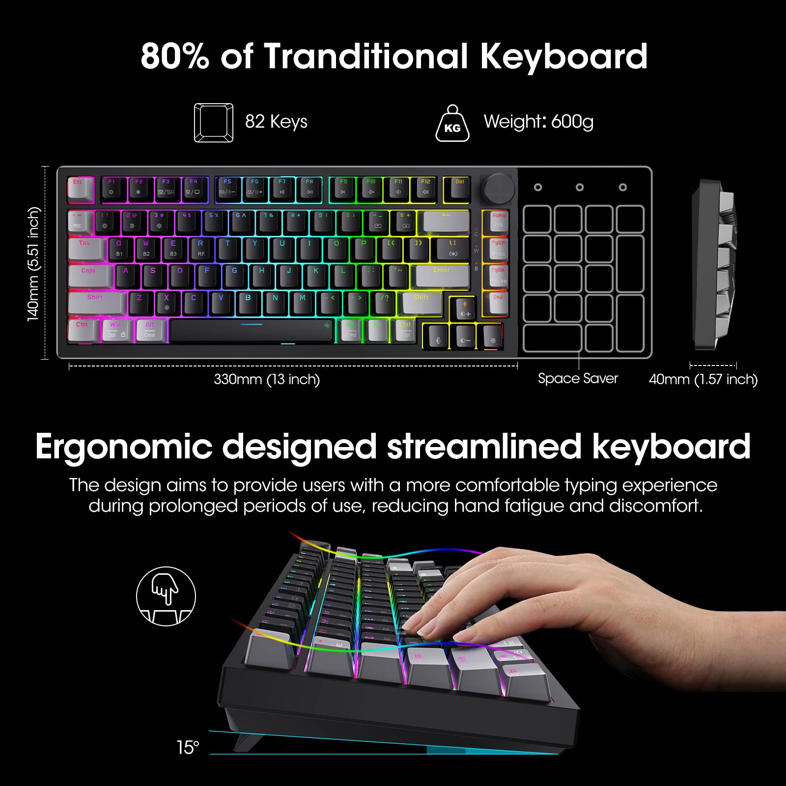 KOORUI 75% RGB Wireless Gaming Keyboard - BT/2.4G/USB-C, 82 Keys for PC Gaming