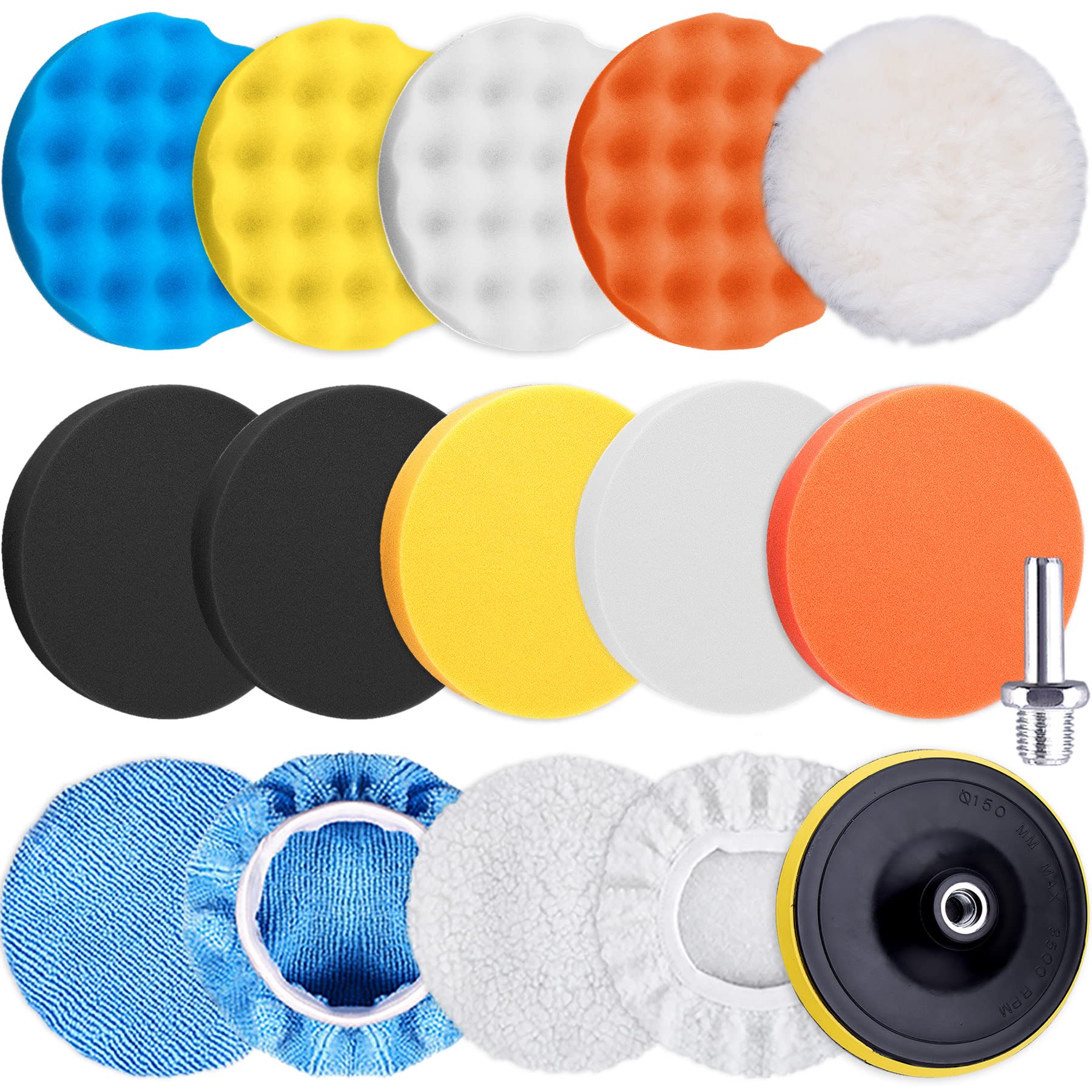 16-Piece 7-Inch Foam Buffing Pad Kit - Car Polishing Pads, Wax Buffer & Drill Attachments for Auto Detailing & Paint Correction (SIQUK) - Perfect for Car Enthusiasts, Professional Detailing & DIY Auto Care