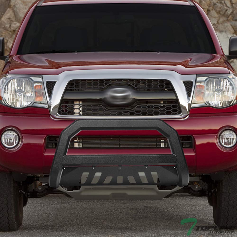 Textured Black AVT Style Bull Bar Brush Guard Front Bumper Grille with Skid Plate for 2005-2015 Toyota Tacoma - Off-Road Protection & Truck Accessories for Adventure & Work