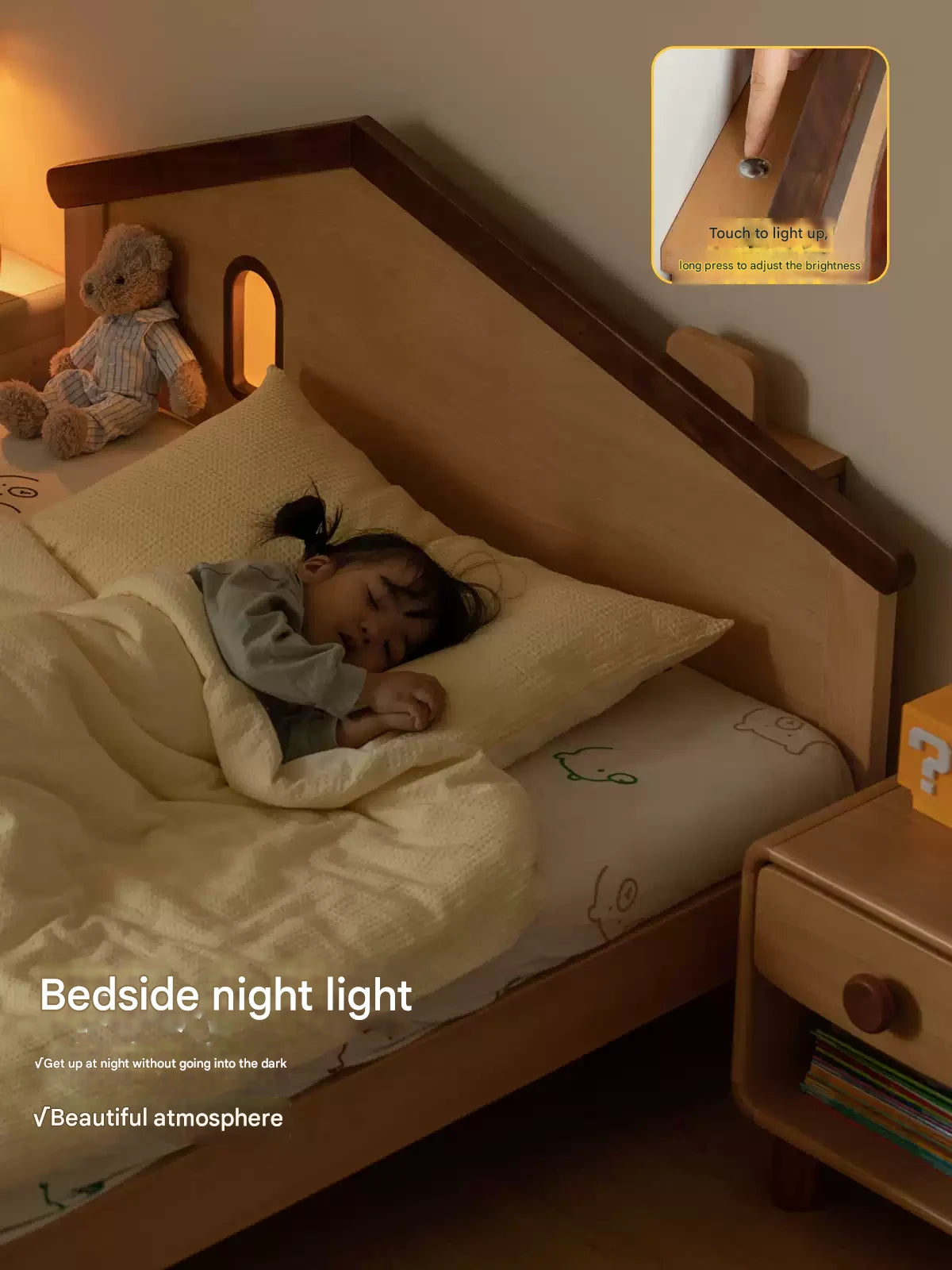 Kids Wooden Bed with Night Light - Beech & Poplar Little House Design with 15-Minute Auto Light Off - Perfect for Bedrooms, Playrooms & Cozy Sleep Spaces