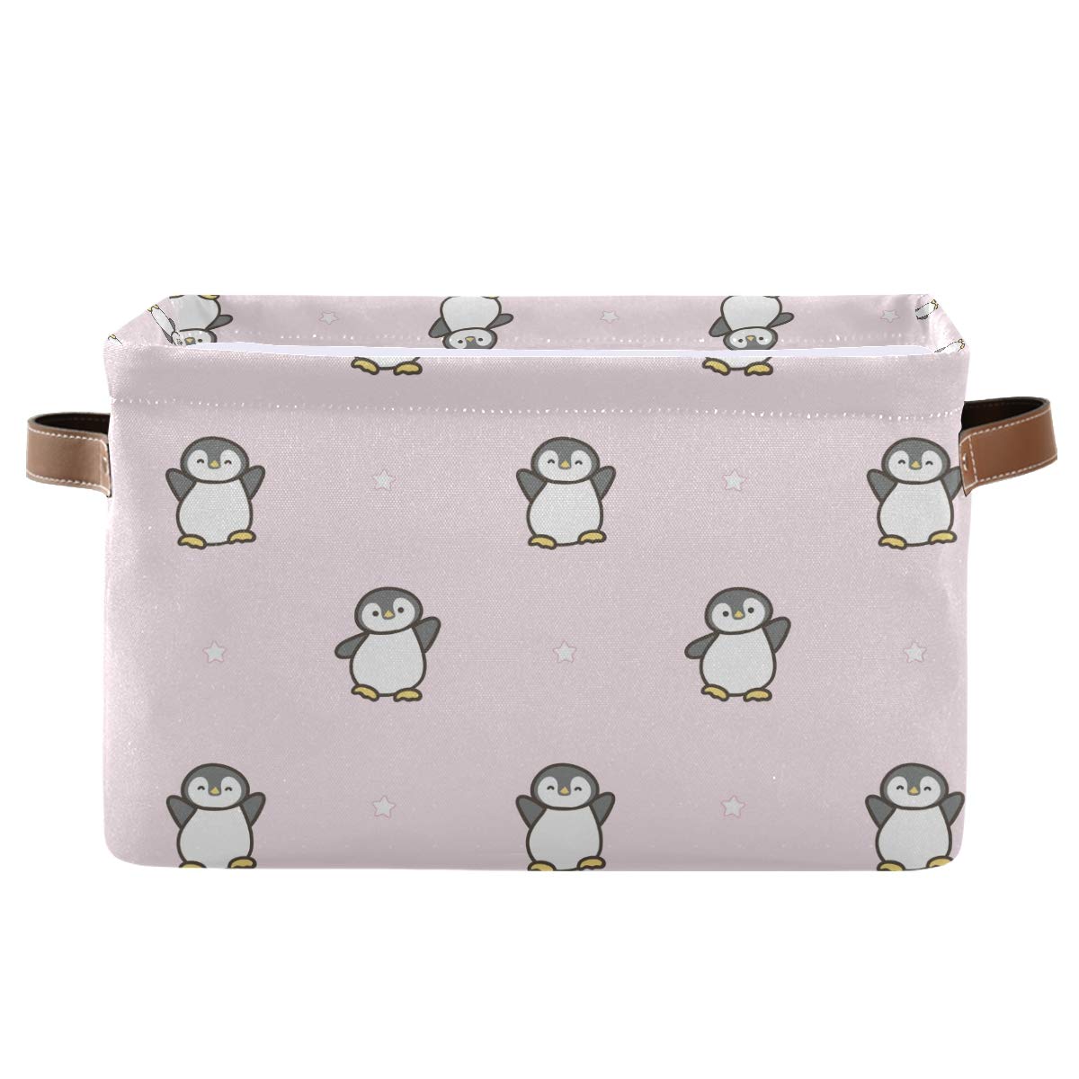 Foldable Storage Baskets with Handles - Pink Penguin Pattern Fabric Organizer Bin for Home & Office (15