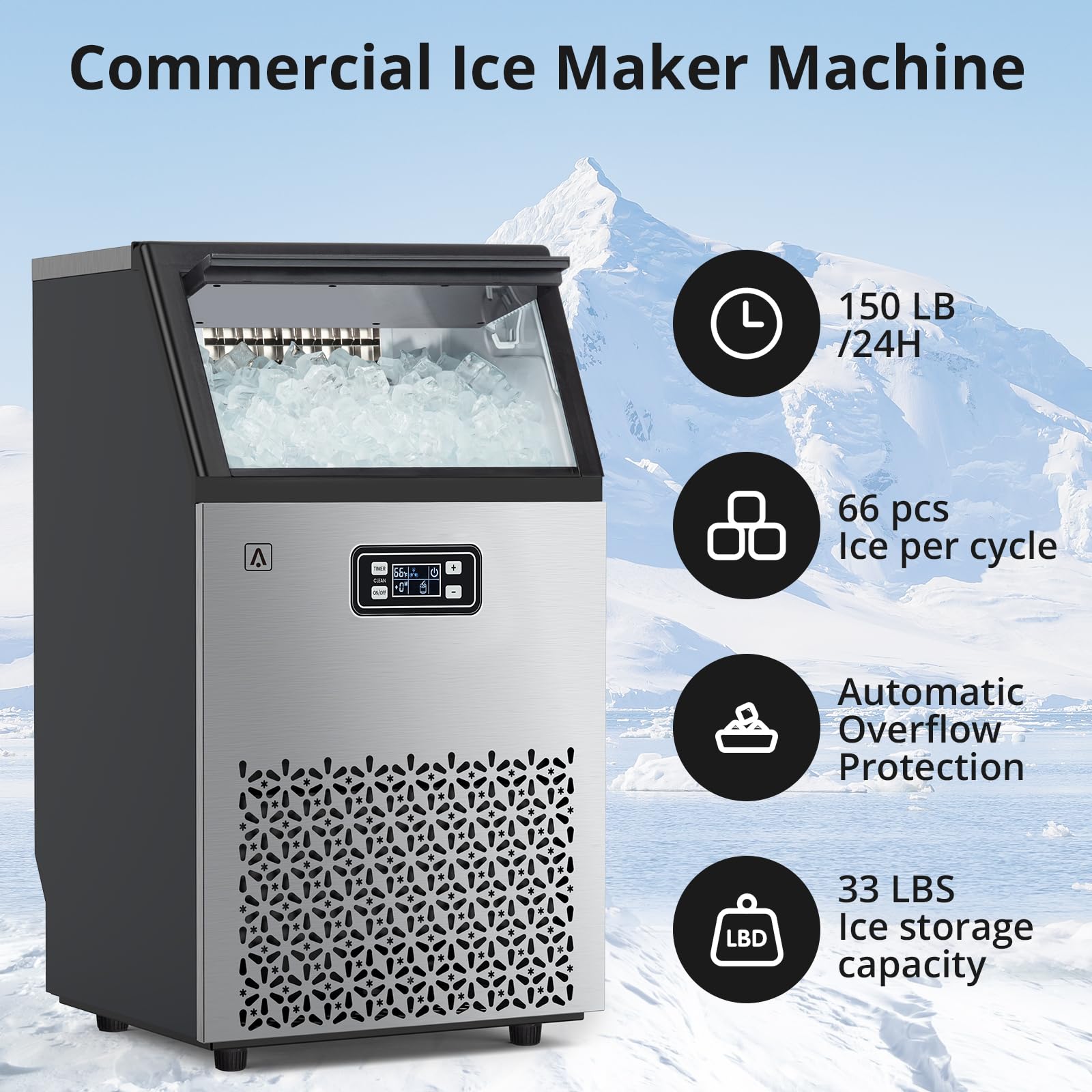 Commercial Ice Maker Machine 150lbs/24H, Stainless Steel Undercounter Ice Machine with 33lbs Storage - Self-Cleaning Freestanding Ice Maker for Bars, Restaurants, Home & Office Use - Perfect for Cocktails, Beverages & Food Service