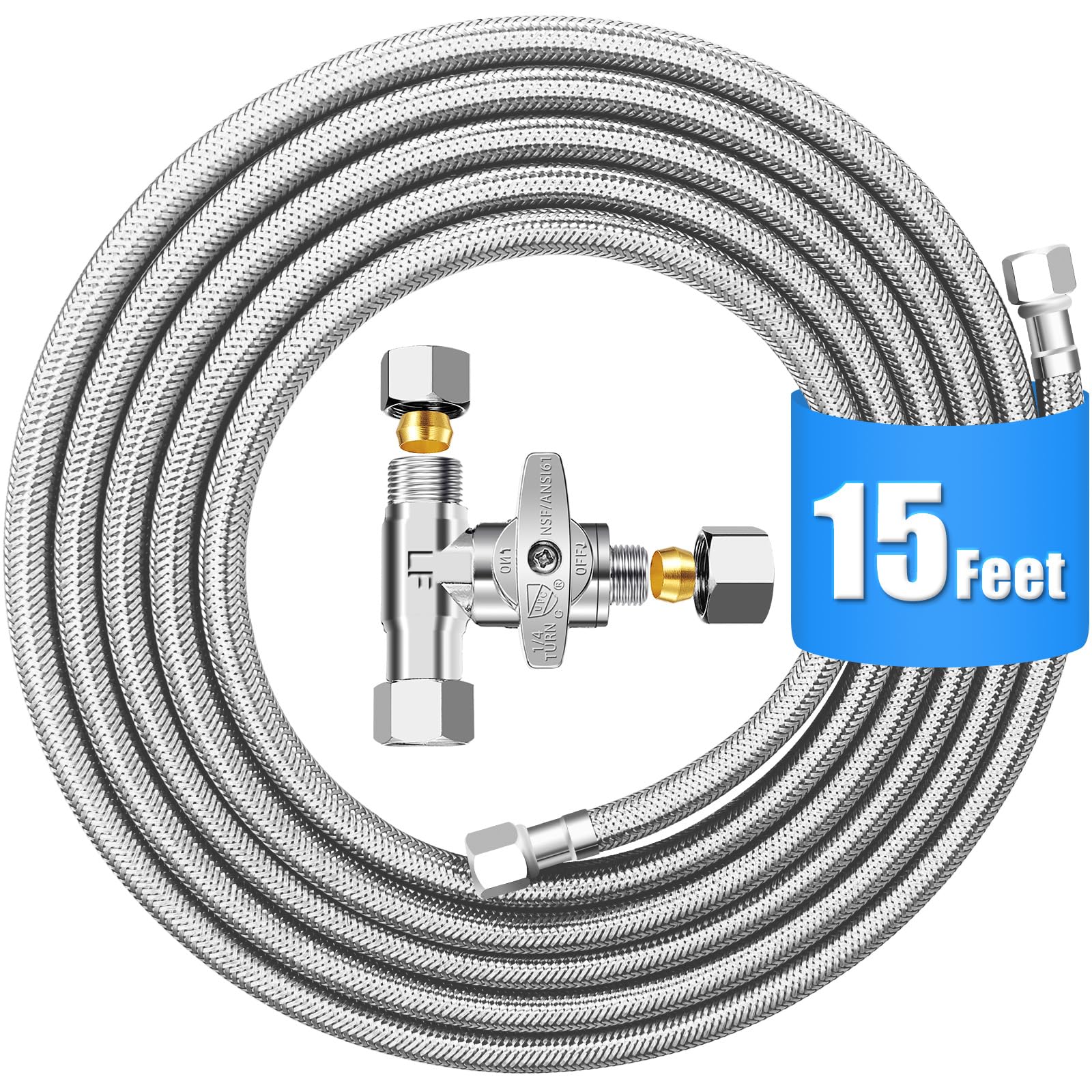 15FT Stainless Steel Braided Refrigerator Water Line Kit with Tee Stop Valve - Food Grade PEX Inner Tube, 1/4