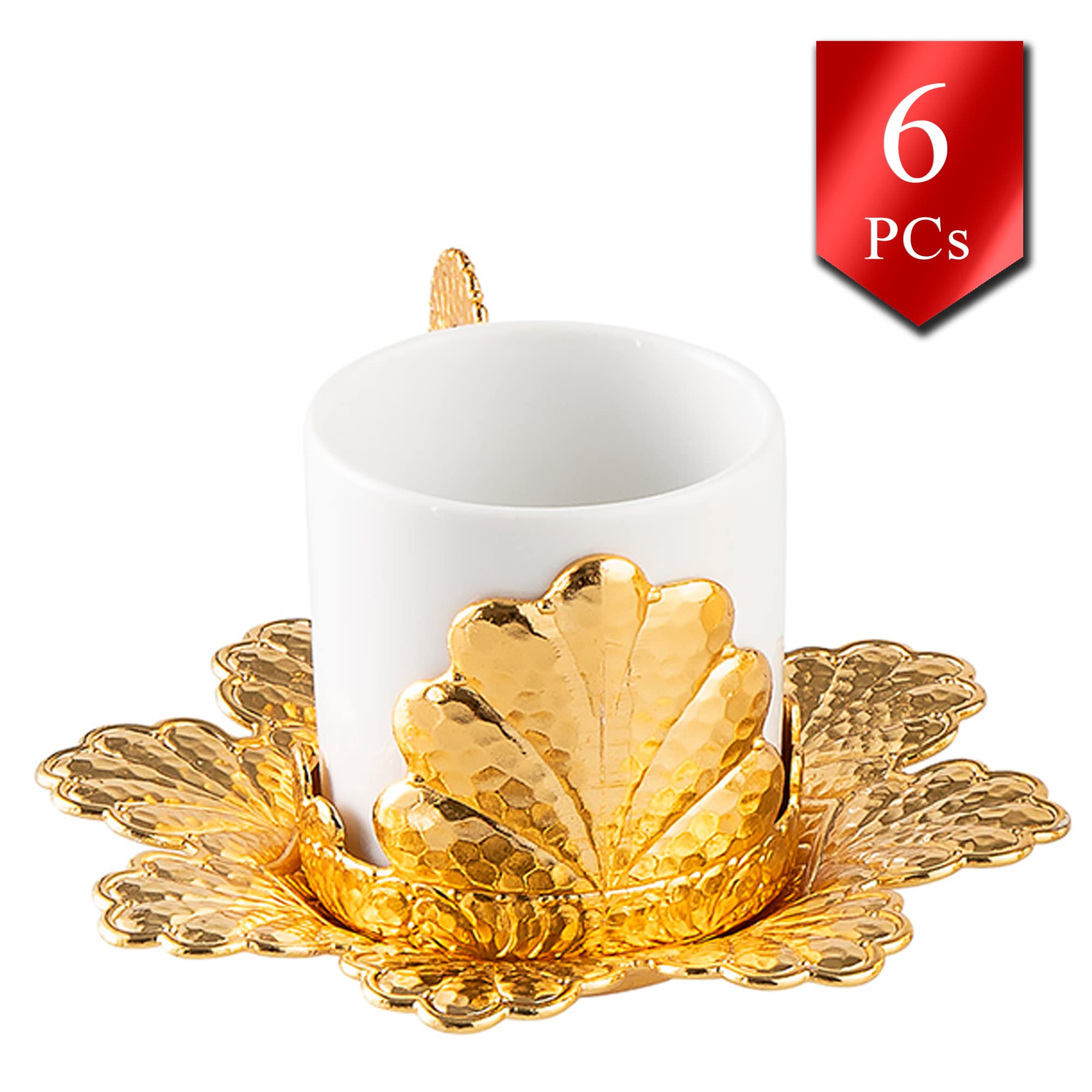 Authentic Handmade Turkish Coffee Cups Set of 6 - Porcelain Espresso Cups with Saucers, Arabic Greek Bosnian Coffee Gift Set (Damla Gold, 2.36 Oz) - Perfect for Home Brewing, Traditional Coffee Ceremonies & Unique Gift Giving