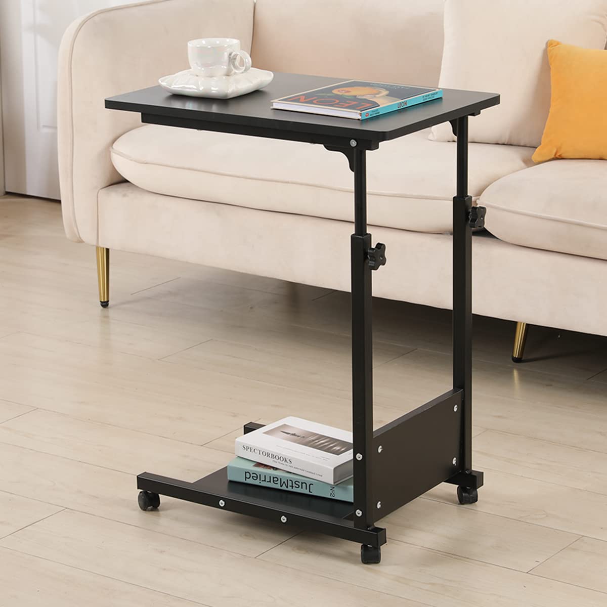 Adjustable Height C-Shaped Side Table with Wheels - Rolling Tray with Storage for Sofa, Bed & Hospital Use - Mobile Laptop Desk for Home Office & Living Room - Perfect as Bedside Table, Computer Desk & Nursing Table