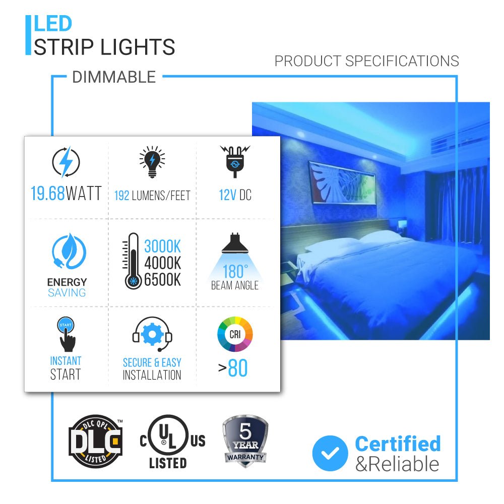 12V LED Strip Lights with DC Connector - IP20 Waterproof, 192 Lumens/ft, Flexible LED Tape Lighting for Home, Kitchen, Bedroom, and DIY Projects