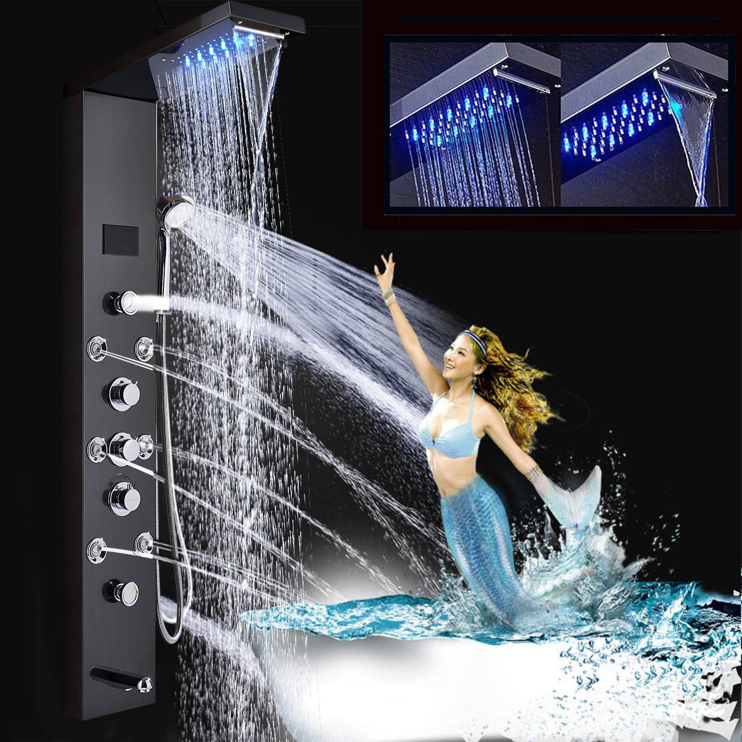 FUZ Contemporary Shower Panel Tower System - 6-Function Stainless Steel Faucet with LED Rainfall Shower Head, Handheld Sprayer, Rain Massage Body Jets & Tub Spout in Black - Perfect for Modern Bathroom Renovation and Luxury Spa Experience