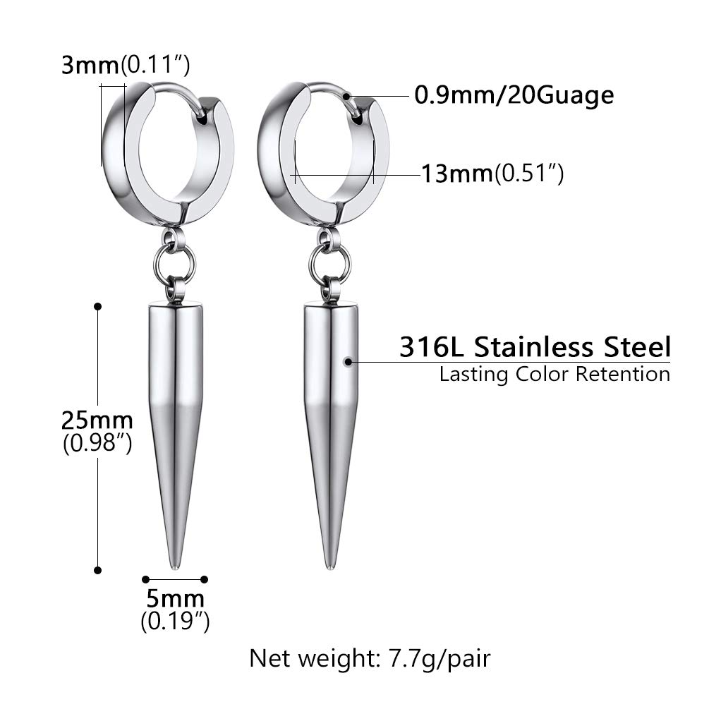 Stainless Steel Spike Drop Earrings for Men & Women - Punk Rock Spiked Dangle Earrings - Cool Fashion Jewelry with Gift Box - Perfect for Concerts, Parties & Gothic Style