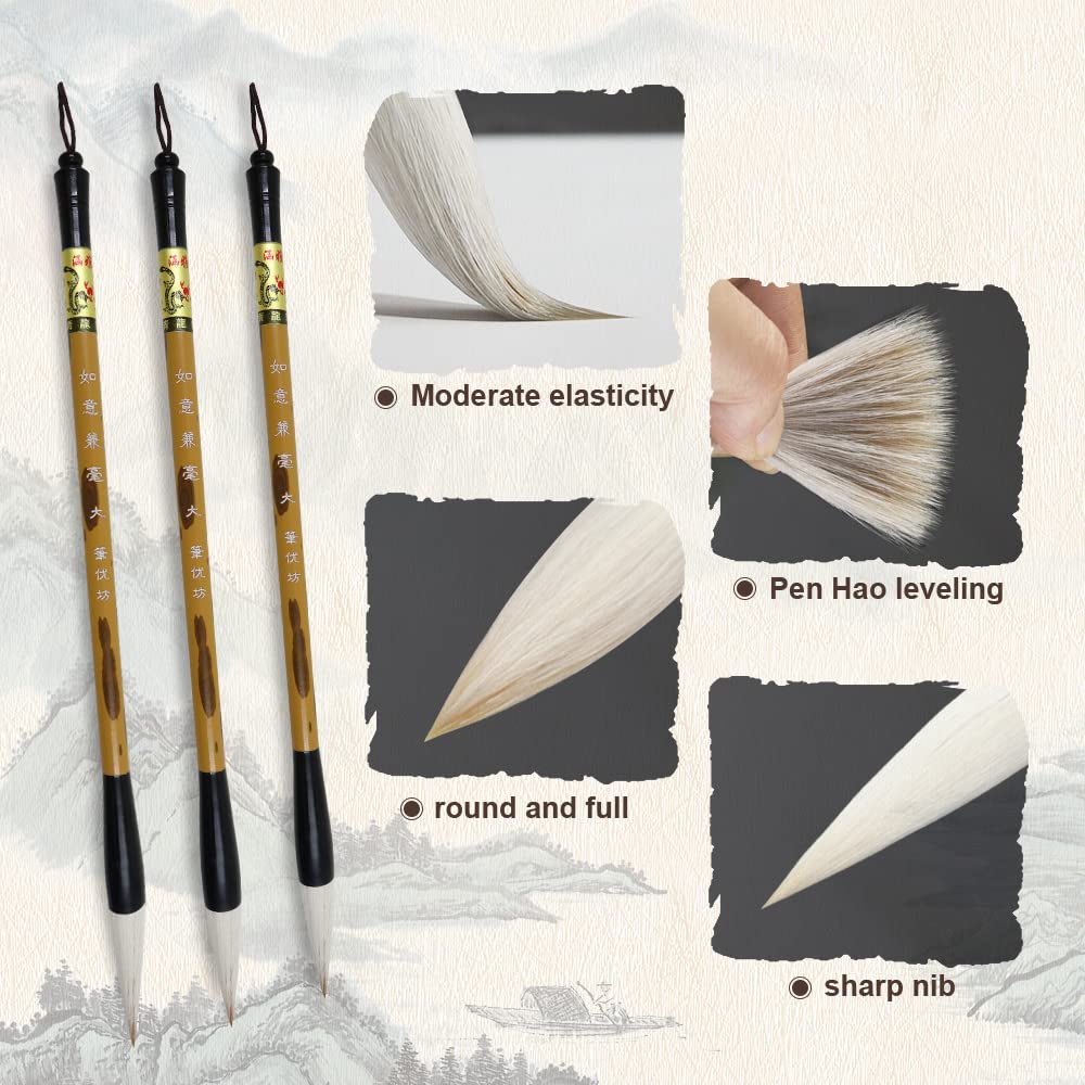 Premium Chinese Calligraphy Brush Set - 3 Sizes (Large, Medium, Small) with Wooden Pen Rest | Sumi Ink Painting & Kanji Writing Brushes for Professionals & Beginners | Perfect for Home Studio, Art Class & Traditional Asian Art Practice