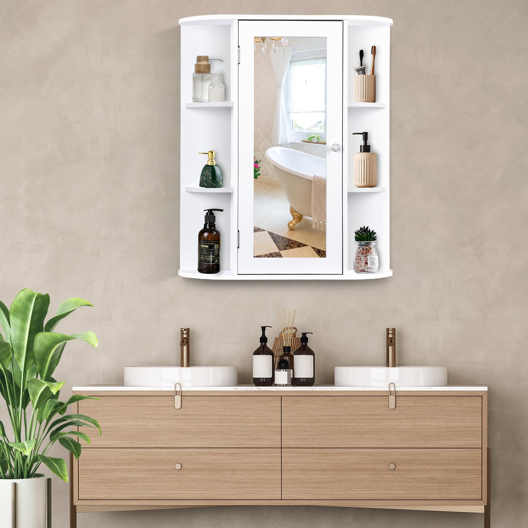 Premium White Wall Mount Medicine Cabinet with Mirror Door & Adjustable Shelves - 6 Open Storage Shelves for Bathroom Organization - Perfect for Small Spaces & Modern Bathrooms