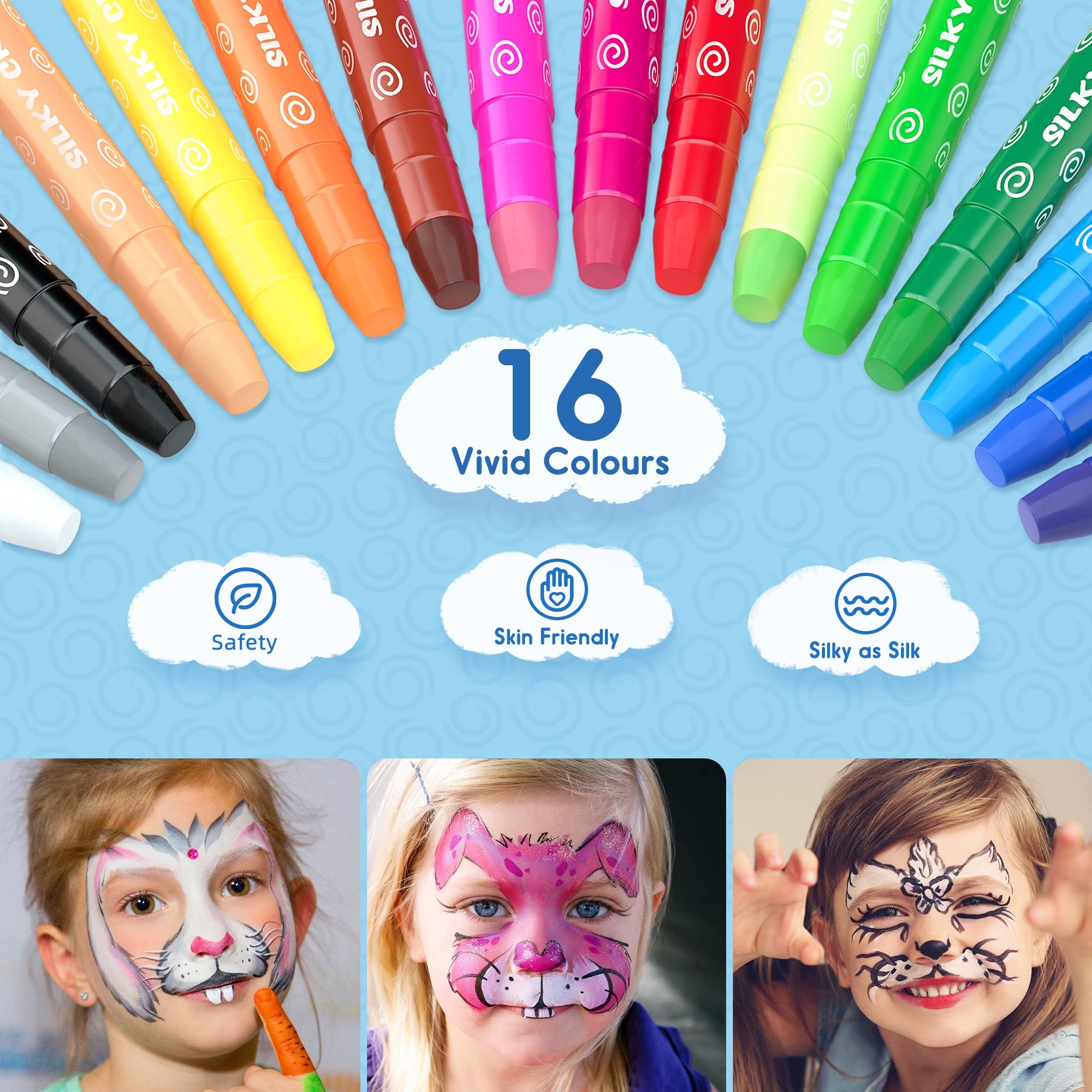 HENMI Face Paint for Kids - 16 Color Safe Carnival Makeup Kit for Halloween, Christmas & Birthday Parties - Non-Toxic & Washable Face Paint for Children's Costume & Party Makeup