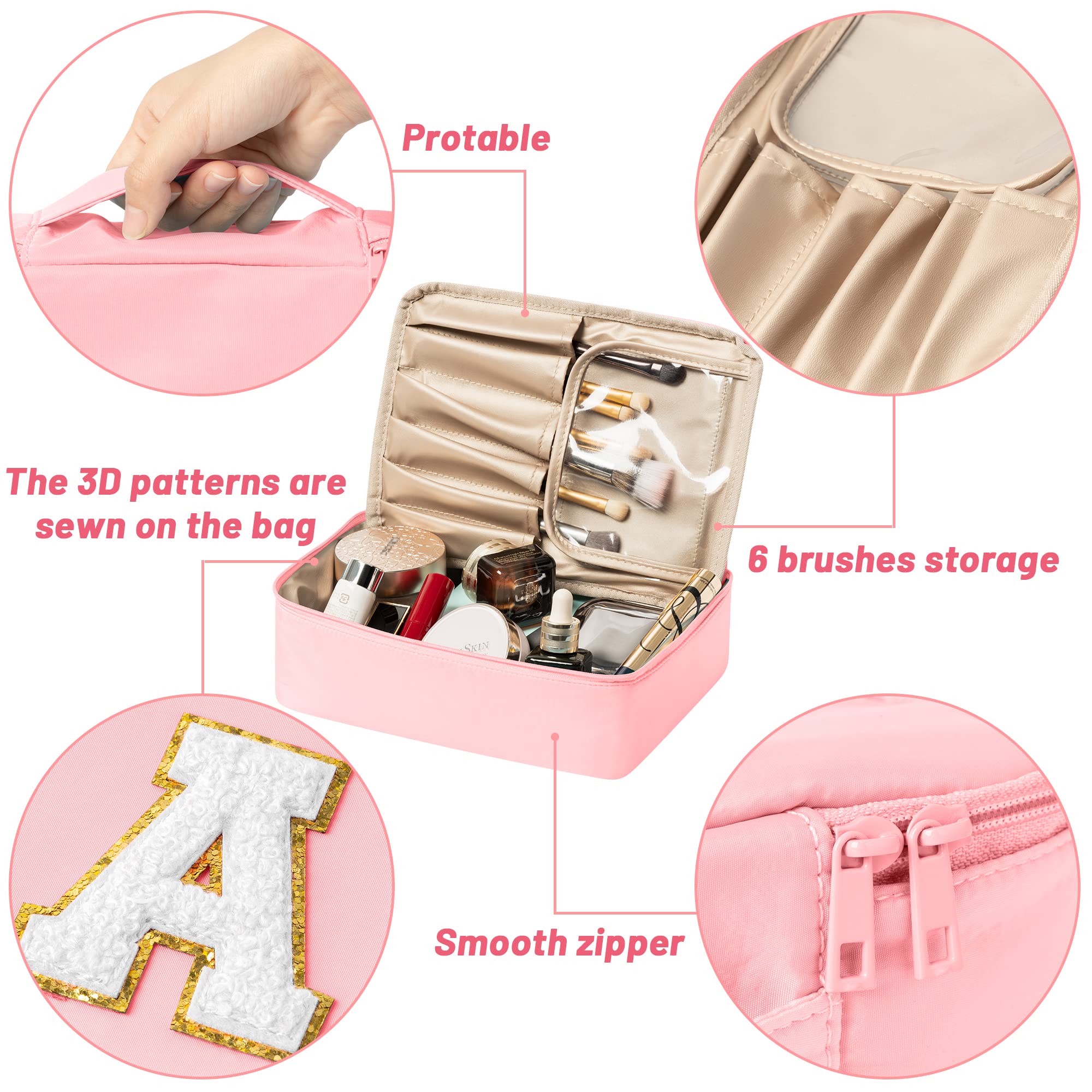 Preppy Patch GLAM Makeup Bag - Large Travel Cosmetic Organizer (Pink) for Brushes & Toiletries