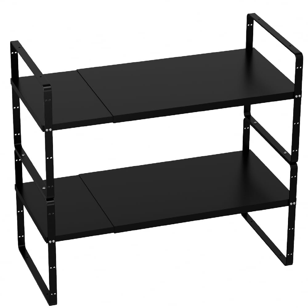 Expandable Counter Organizer Shelf - Stackable Cabinet Storage Rack for Kitchen, Bathroom & Pantry - Black 2-Pack - Perfect for Spice Organization, Small Appliance Storage & Countertop Space Saving