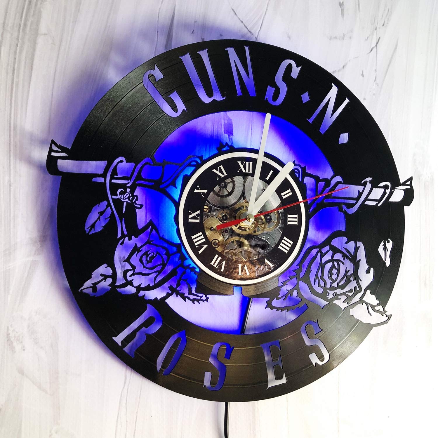 Guns N' Roses LED Wall Light - Vintage Remote Control Night Lamp with Handmade Vinyl Clock - Blue LED Backlit Art Decor for Bedroom, Living Room & Man Cave - Perfect for Music Fans & Rock Theme Interior Design