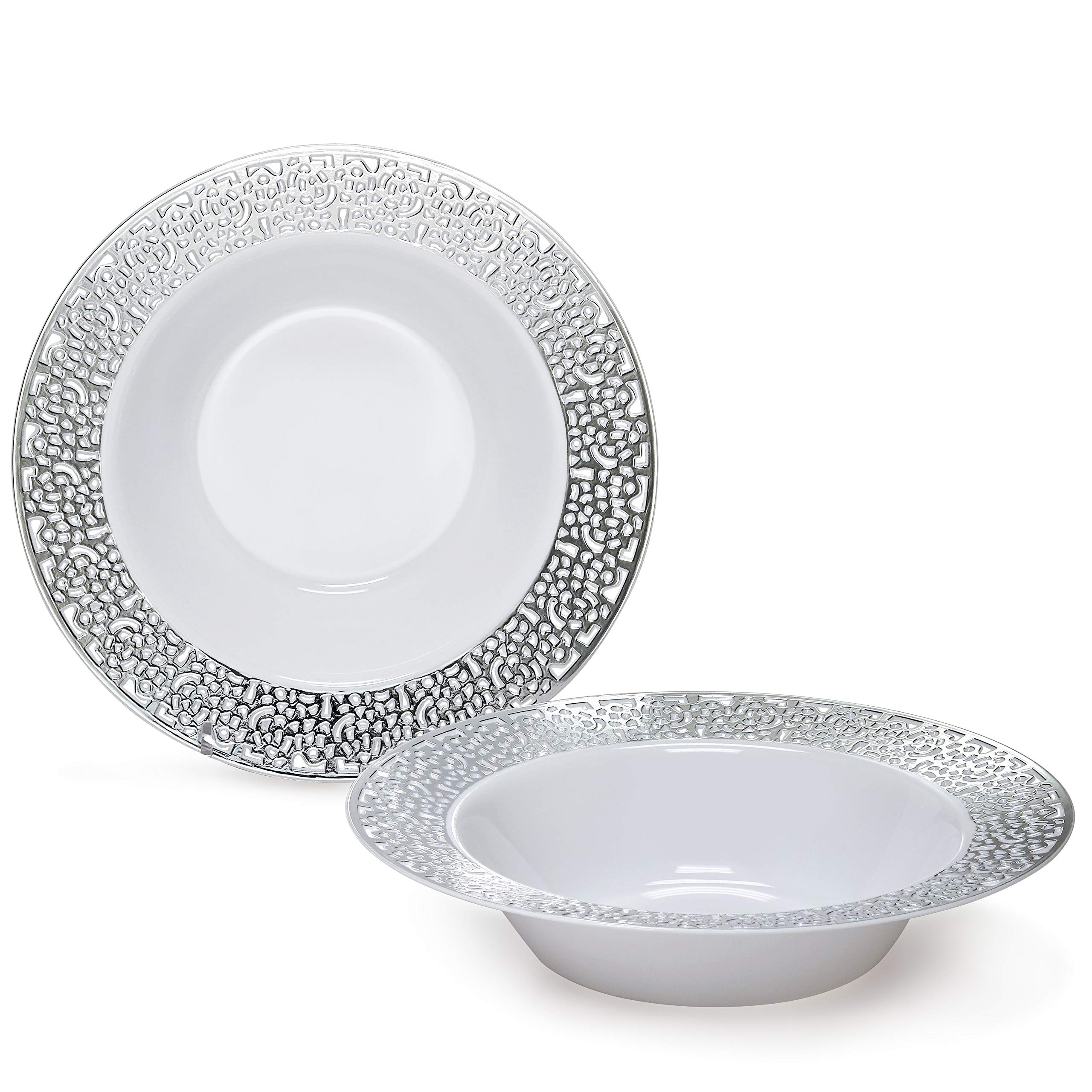 60-Piece Heavyweight Disposable Plastic Plates & Bowls Set - 12oz Soup Bowls for Wedding, Party & Events (Florence White & Silver) - Perfect for Catering, BBQ, Picnics & Family Gatherings