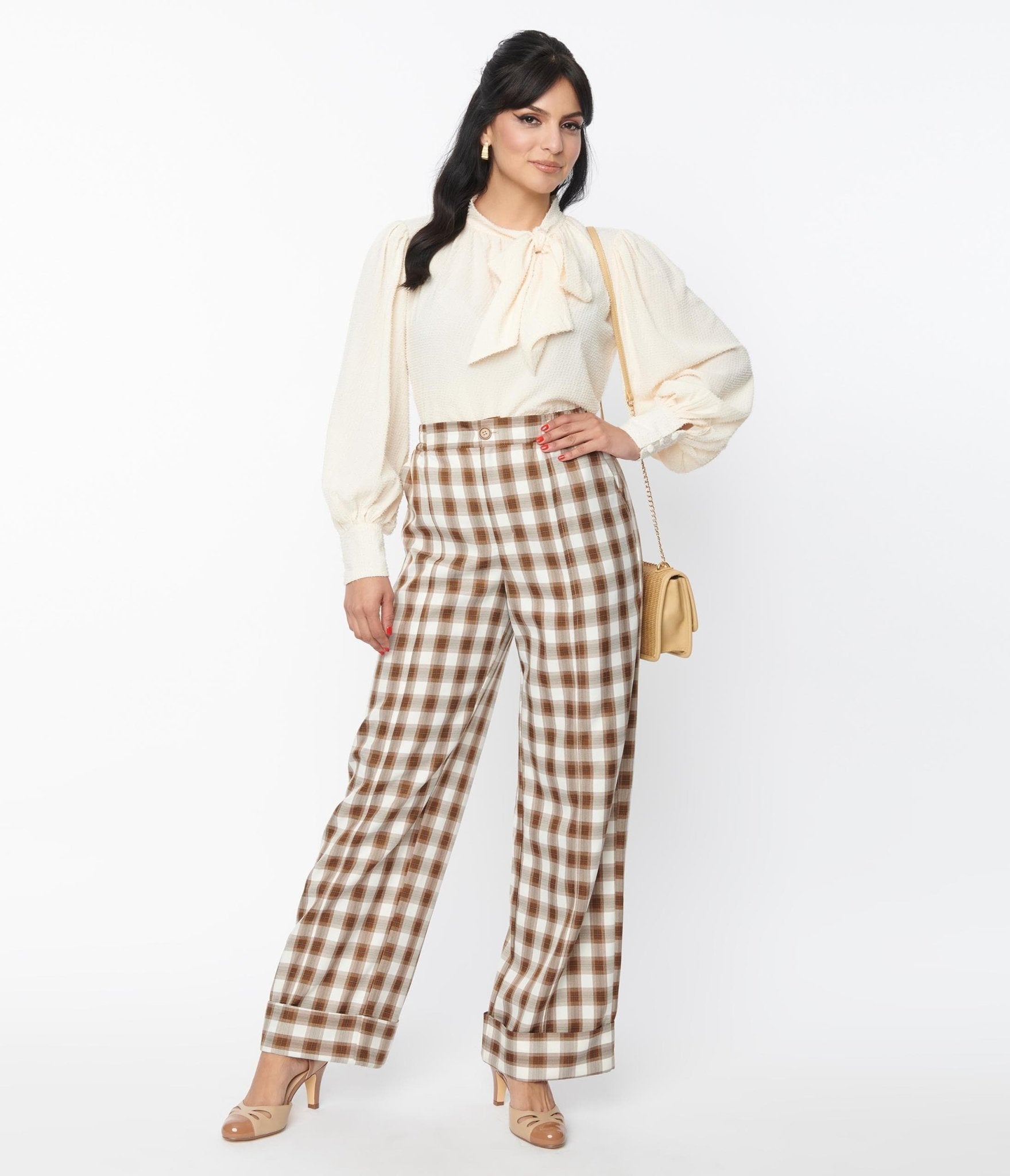 Vintage 1940s Brown & Ivory Plaid Wide Cuff Pants - Retro High Waisted Trousers for Women | Perfect for Themed Parties, Cosplay & Vintage Fashion Outfits