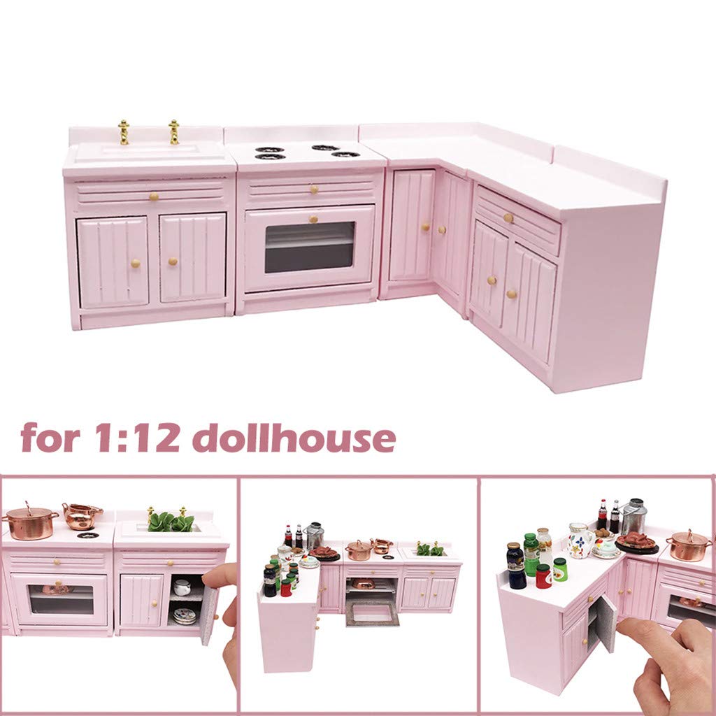 1:12 Scale Miniature Wooden Kitchen Cabinet Set - Pink Dollhouse Furniture for DIY Decoration | Perfect for Dollhouse, Model House & Collectible Displays