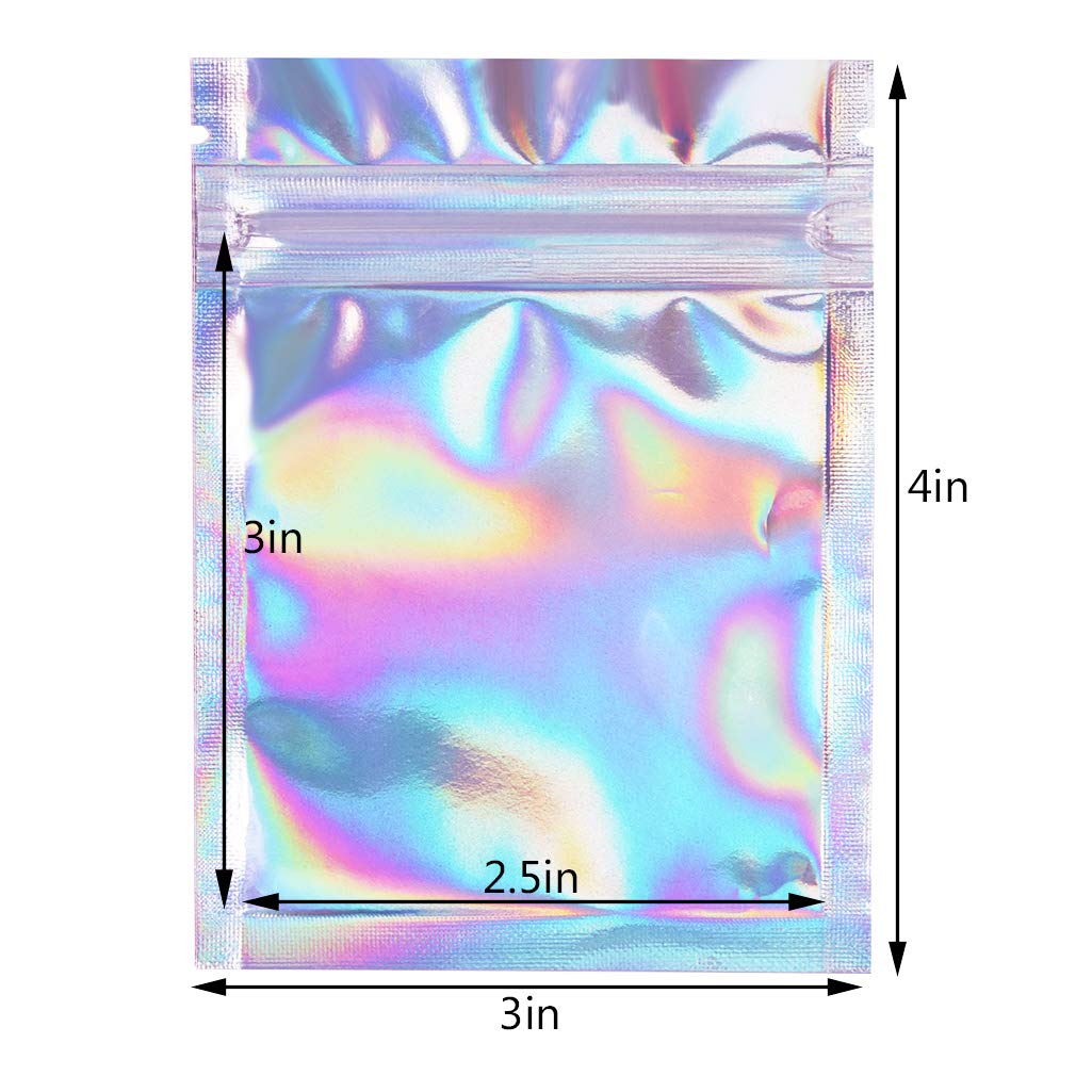 100-Pack Resealable Smell Proof Bags - 3x4 Inch Flat Clear Food Storage Pouches | Airtight Aluminum Plastic Packaging | Rainbow Colors for Cannabis, Herbs, Snacks & Travel Organization