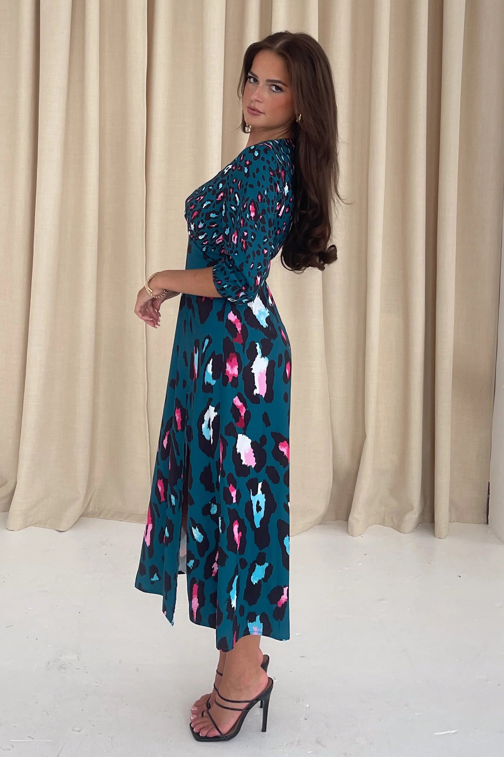 Lydia Midi Dress - Floral Print Mixed Green Animal Pattern Summer Casual Dress for Women | Perfect for Beach Vacations, Date Nights & Outdoor Parties