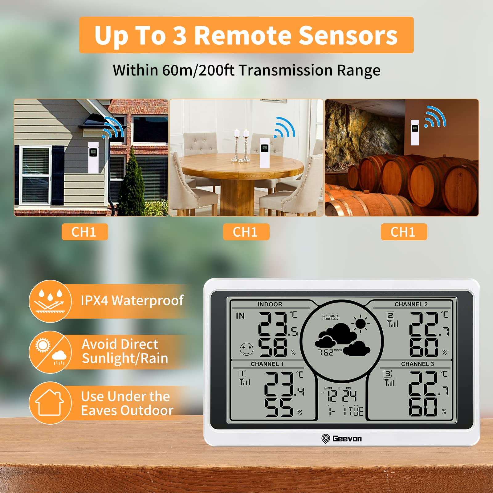 Geevon TX16 Wireless Outdoor Temperature Sensor with LCD Display - Replacement for Weather Station, Indoor Outdoor Thermometer (White) - Monitor Home, Garden & Greenhouse Climate